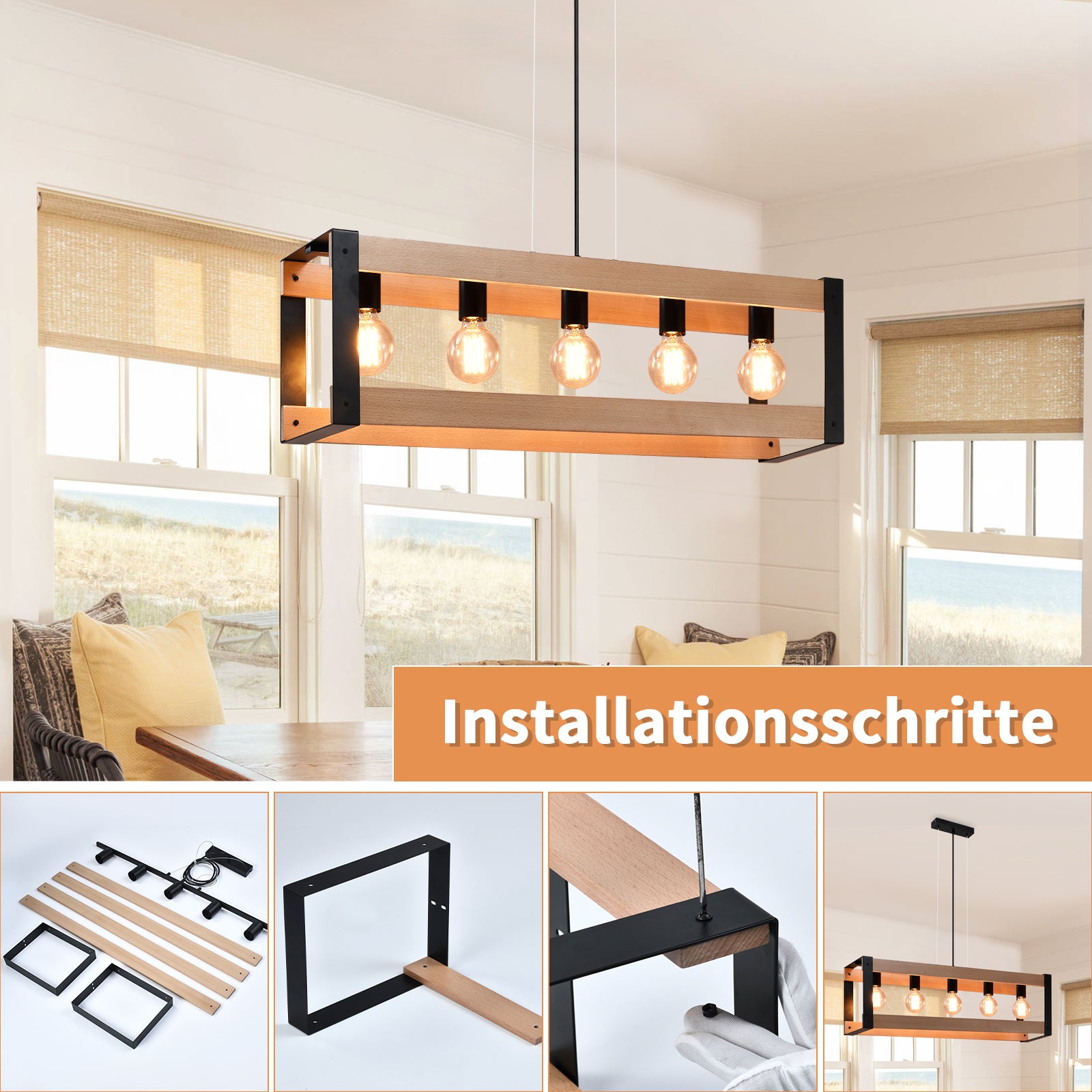 NETTLIFE Suspension lampe de salle à manger vintage en bois noire E27 5 flammes table à manger industrielle - 9