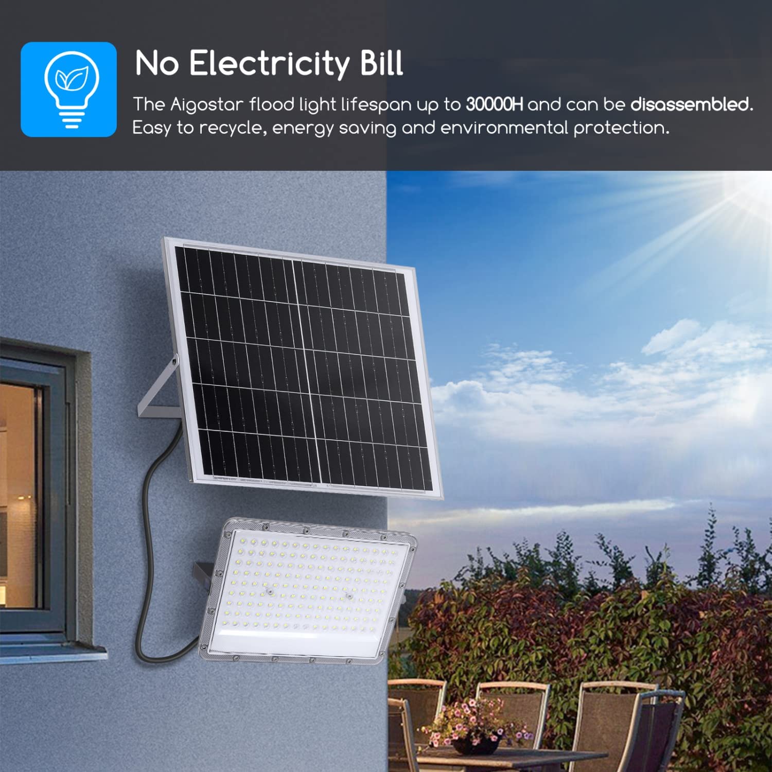 Projecteur LED à lumière froide avec panneau photovoltaïque avec fonction crépusculaire Century Sirio - 5 Watt = 100 Watt - 800 Lumen - 3