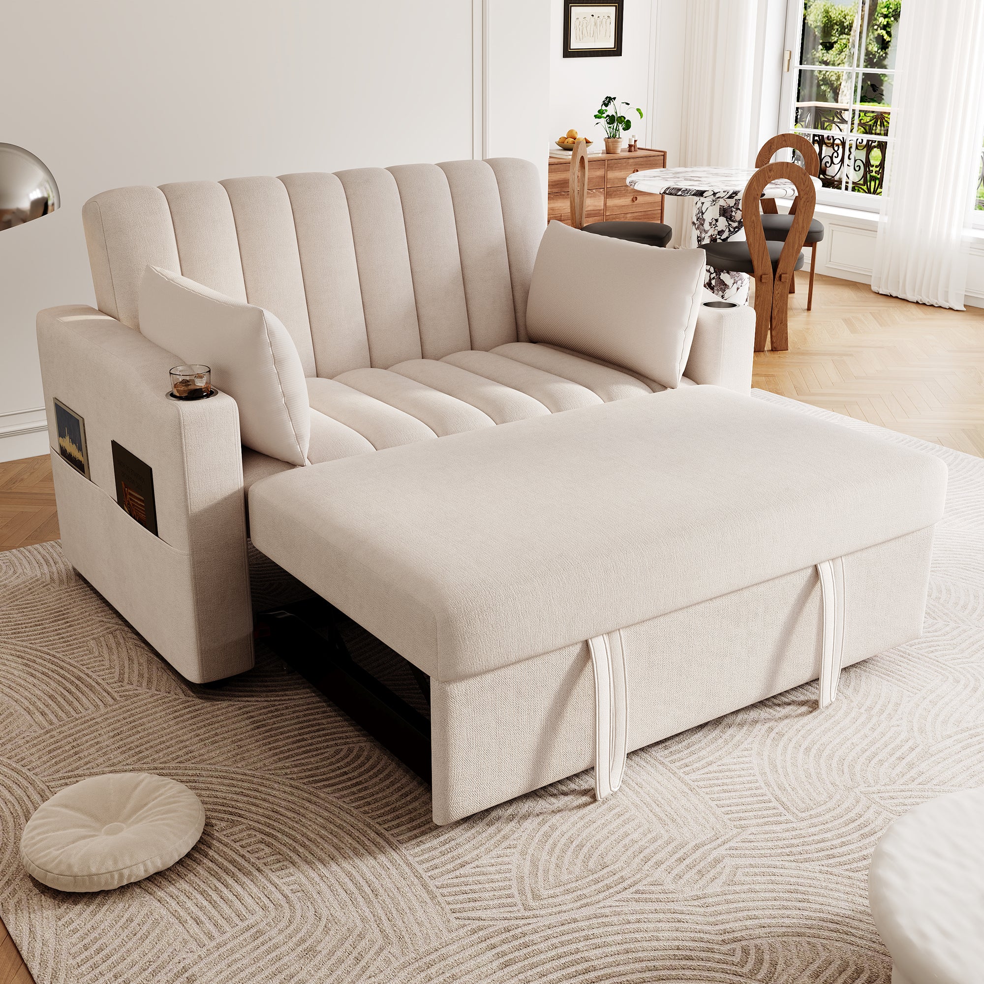 Nowoczesna 2-osobowa sofa z uchwytami na kubki i poduszkami - szara