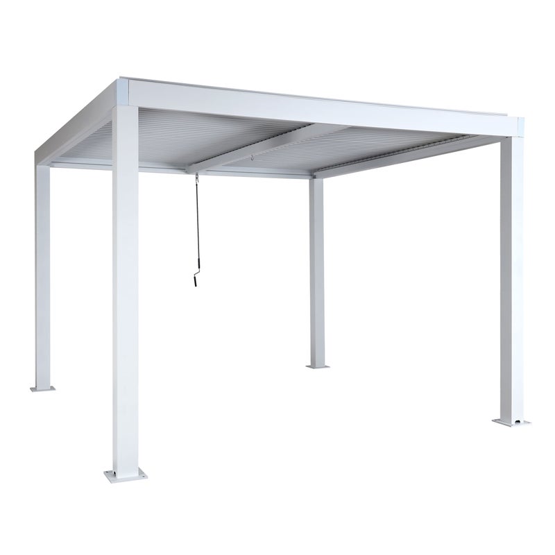 Pergola HWC-L46, pawilon ogrodowy z listew, rama aluminiowa 11cm, rynna przeciwdeszczowa, 3x3m ~ biały