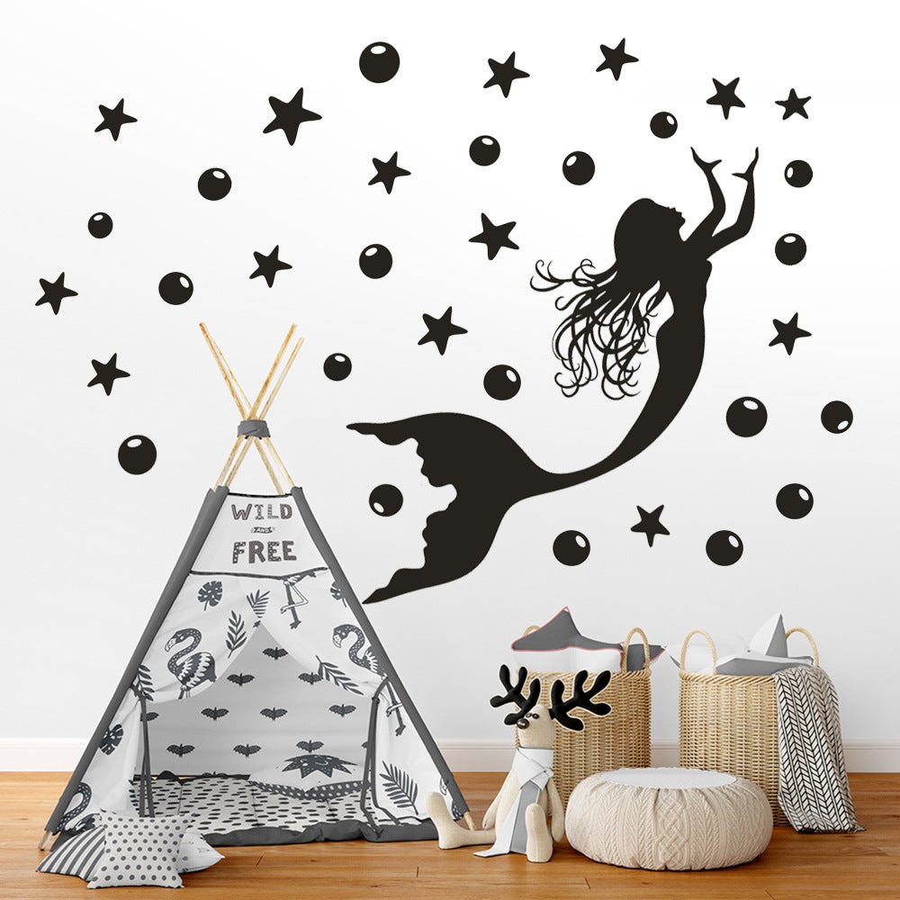 Stickers Muraux Queue De Sirène Océan – Autocollants Marin Algues Poisson Pour Chambre Enfant, Bébé, Salle De Bain, 2 Feuilles 30x90cm
