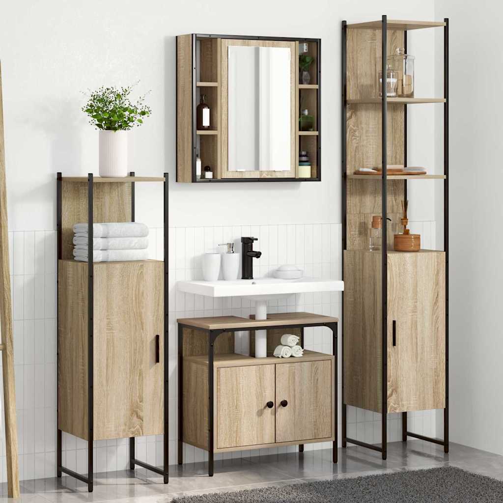 MINIO Go For It - Ensemble Meubles De Salle De Bain 4 Pièces Alo, 2X Armoire Salle De Bain, 1x Miroir Salle De Bain Avec Étagère, 1x Meuble Avec Lavabo - Châtaignier
