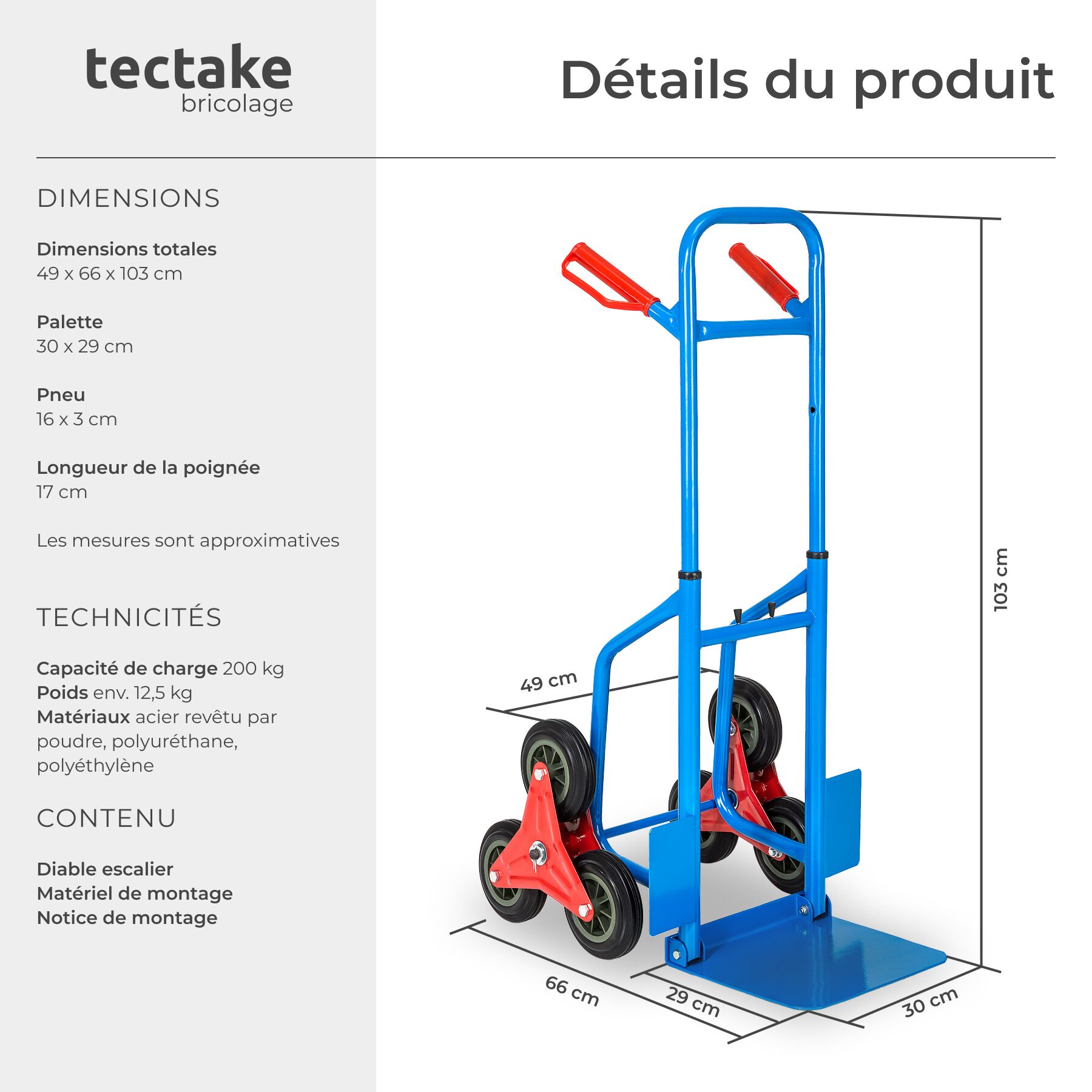 TECTAKE Carrinho de mão para escadas Com estrutura de aço - 6