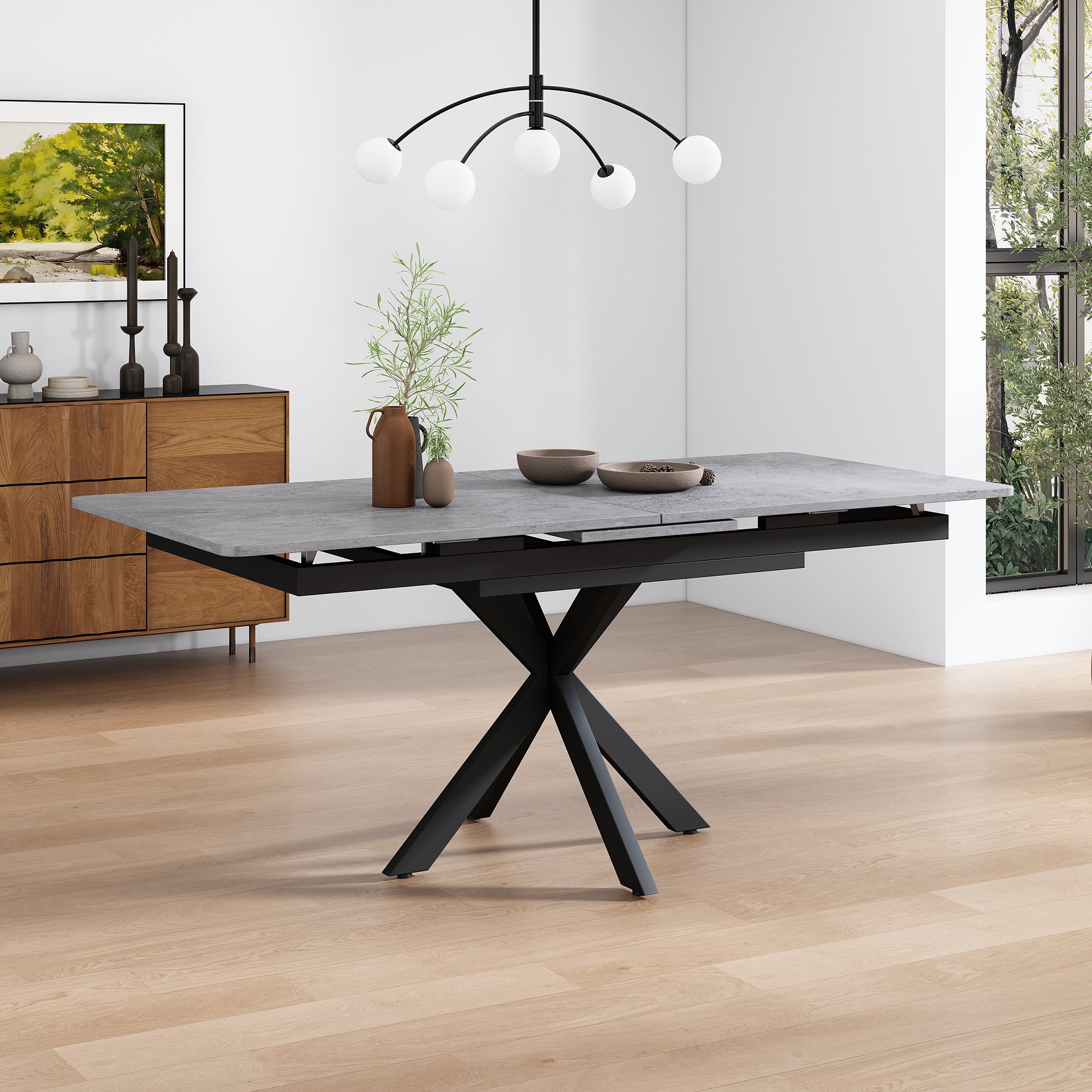 Rozkładany stół jadalny dla 4-6 osób - Dł. 150/180 x Szer. 70 x Wys. 76 cm - Płyta MDF, drewno i metal - Wzór marmuru - Szary