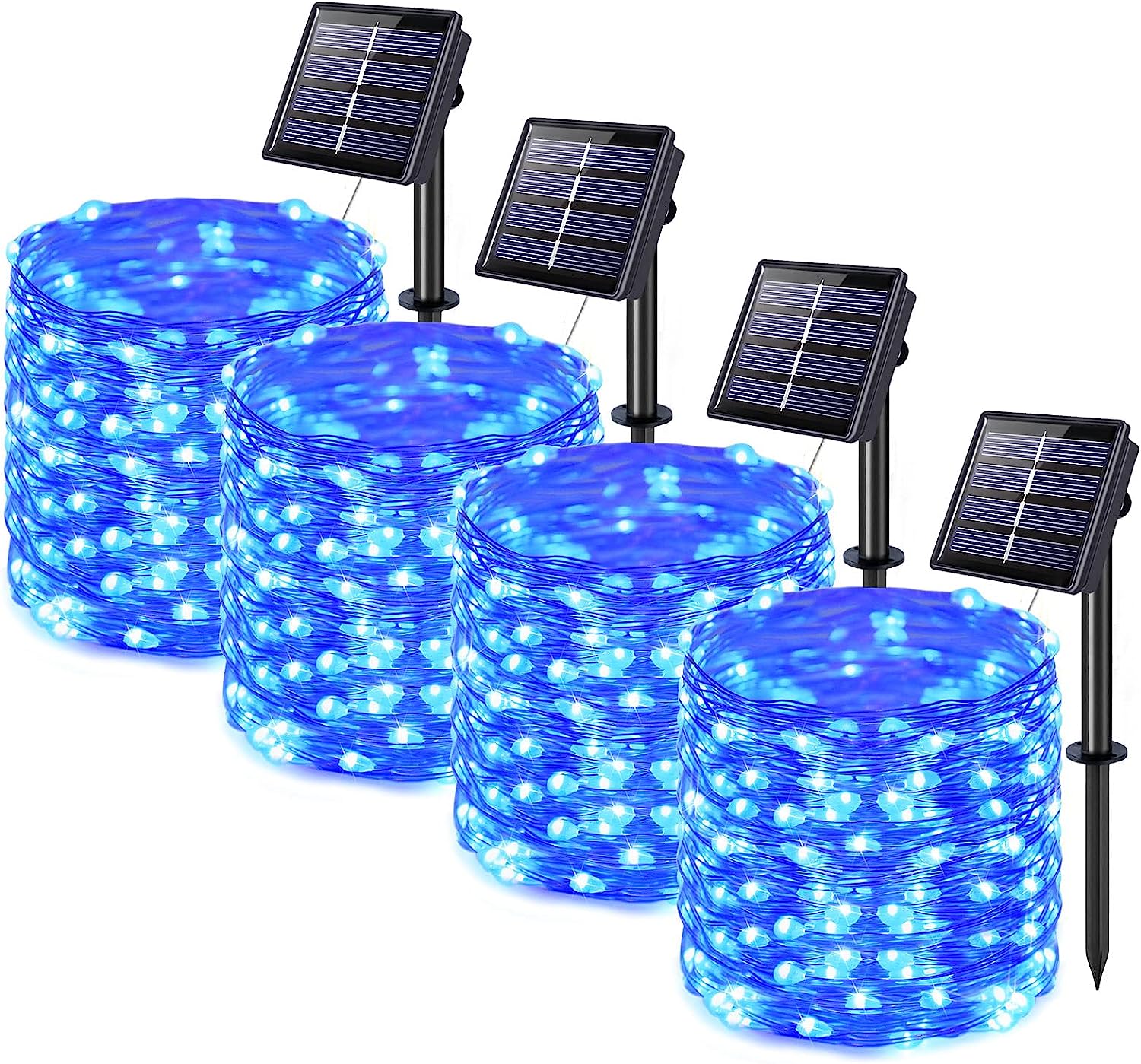 Zestaw 4 solarnych lampek sznurkowych, 150 LED, 15 m, 8 trybów, solarne lampki Fairy Tale, wodoodporne, dekoracja świąteczna (Niebieskie)