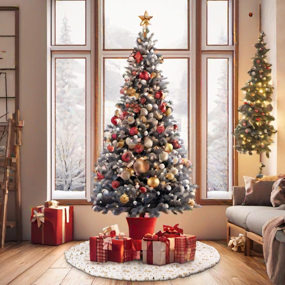 Saia para árvore de Natal, padrão dourado para árvore de Natal, capa para base de árvore de Natal, decoração para casa (122 cm) - 4