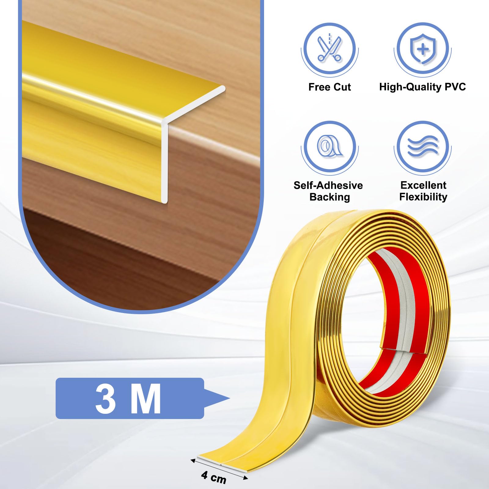 Baguette d’Angle PVC Cornière Moulure Murale Autocollante Protection Profilé Souple pour bordure de carrelage Plafond (Doré, 4cm×3m) - 2