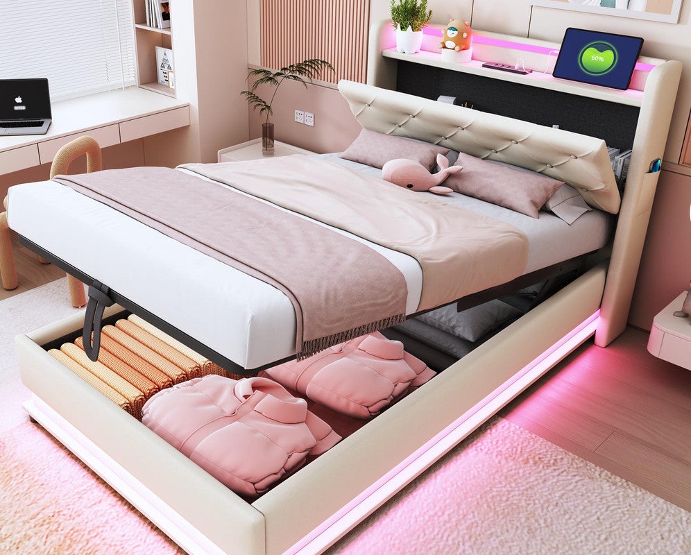 Łóżko dziecięce tapicerowane z pojemnikiem 90x200cm - z oświetleniem LED - z portem USB - otwierany zagłówek - len - beż
