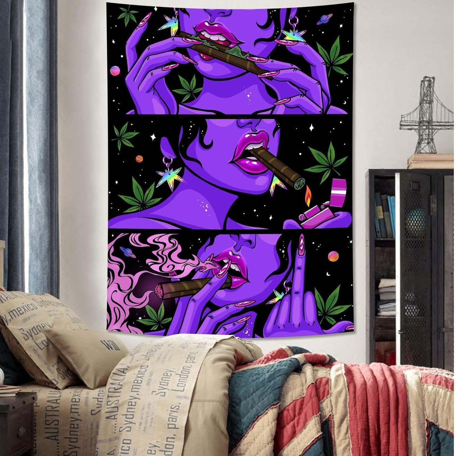 Psychodeliczny gobelin hipisowski do sypialni, wiszący gobelin z czarnym światłem, dekoracja pokoju (91 x 122 cm) - 2