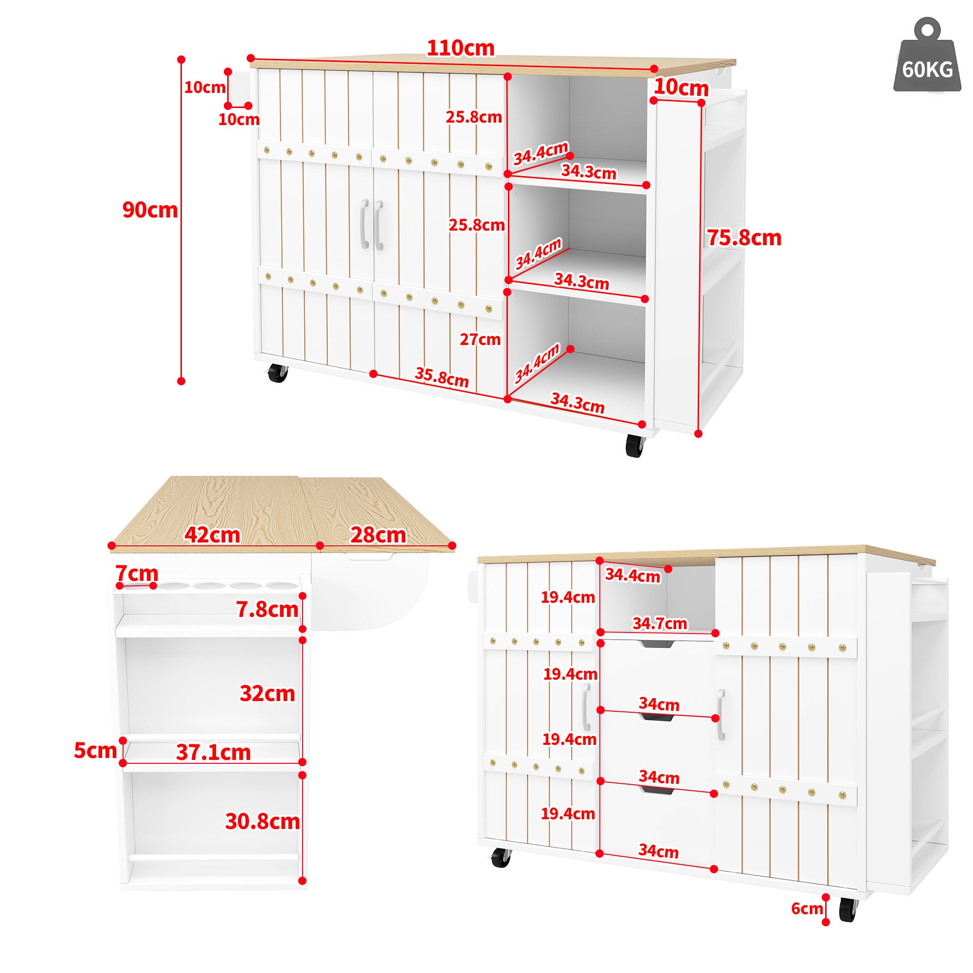 Buffet cuisine avec plan de travail, Chariot à roulettes avec tiroirs, Desserte cuisine avec étagère à épices et porte serviettes,Blanc 110x42x90cm - 6