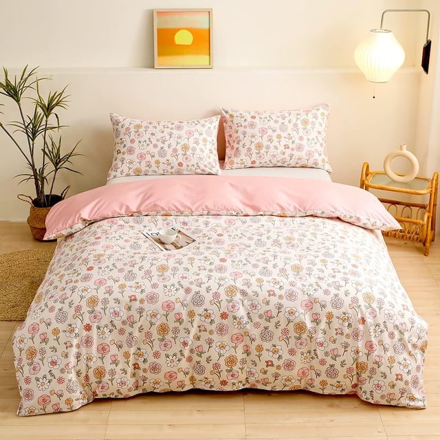 Housse de Couette 220x240 Fleurs Motif Coloré Rose Floral Parure de Lit 2 Personne Adulte avec Fermeture Éclair avec Taies d'oreiller 50x75 cm