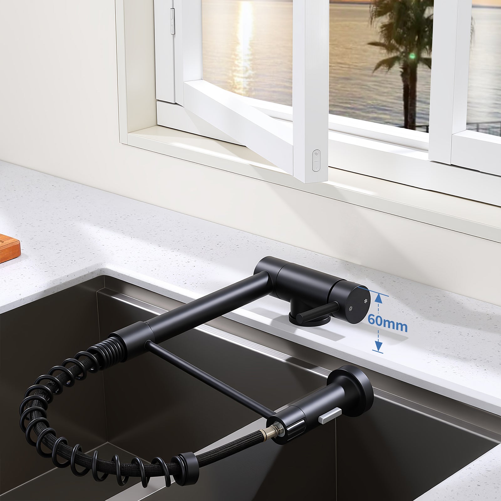 Mitigeur de Cuisine Noir pliable à ressort avec douchette 2 Jets, Robinet de Cuisine d'Evier Rabattable Rotatif à 360° en Inox 304 - 6