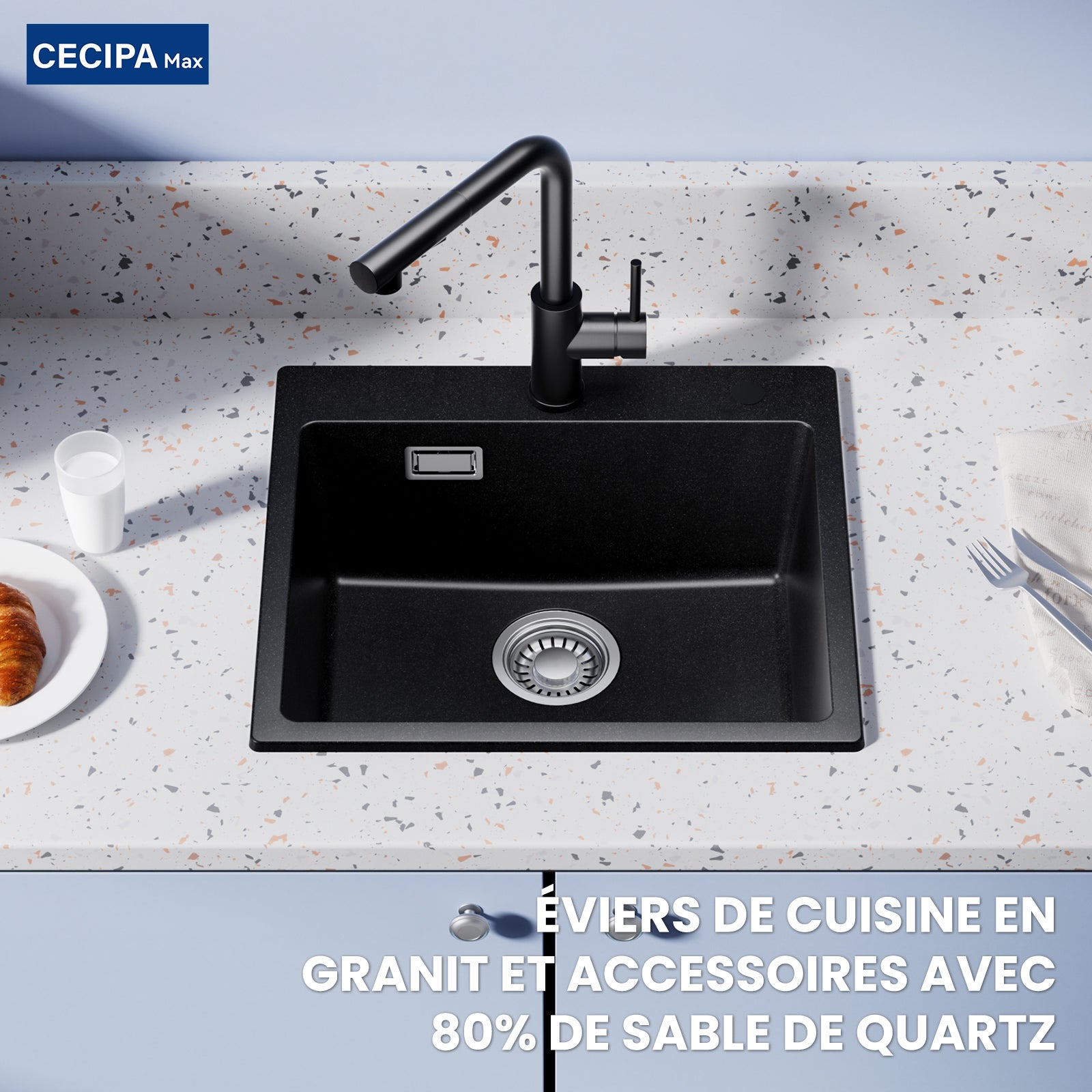 Fregadero de cocina de granito de 50*45 cm, kit de drenaje Eveir de 1 tazón, fregadero de cocina incorporado, fregadero de encimera negro - 2