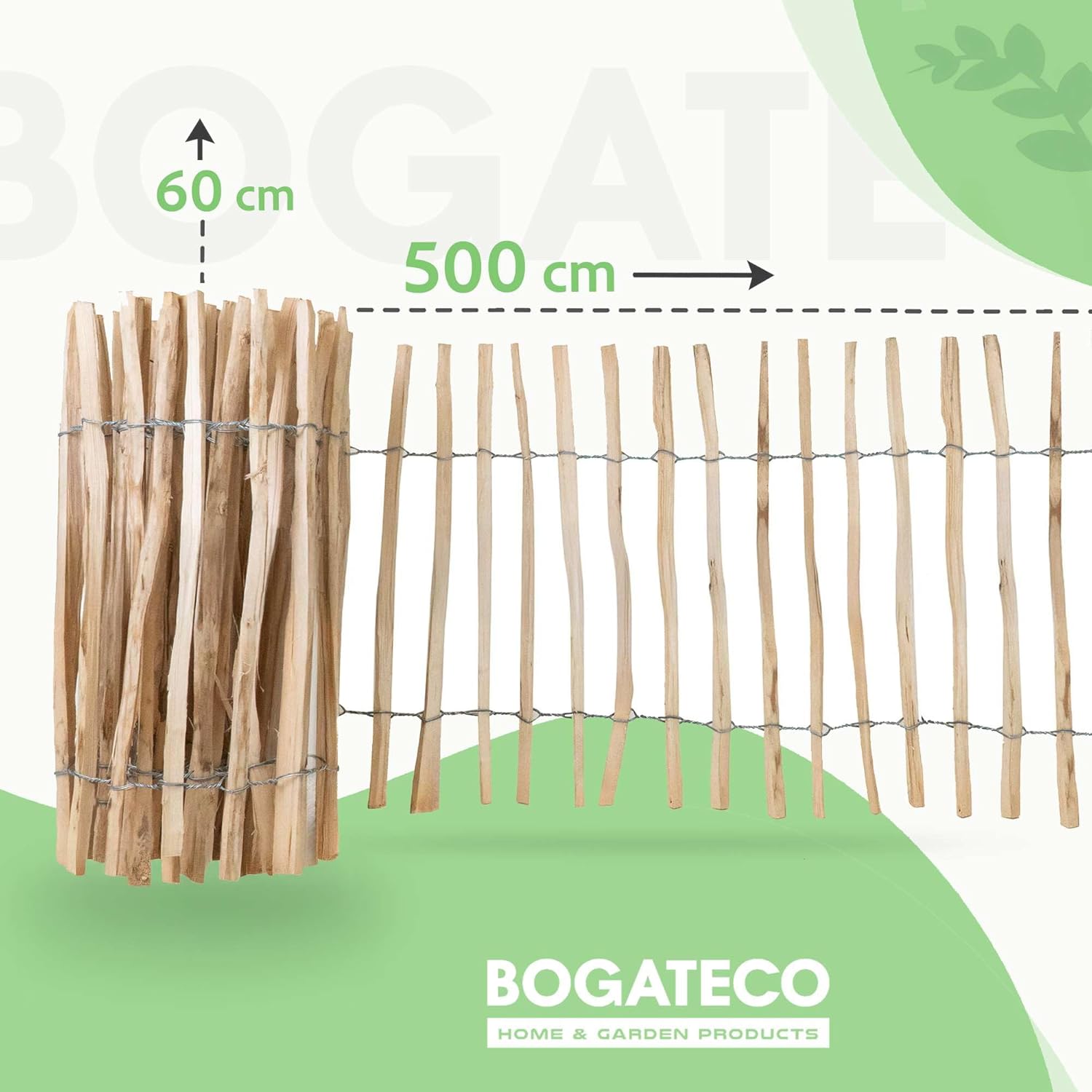 BOGATECO Clôture à piquets en bois de châtaignier noisetier 60 cm de haut x 500 cm de long | Espacement des lattes 4-5 cm | Durable - 2
