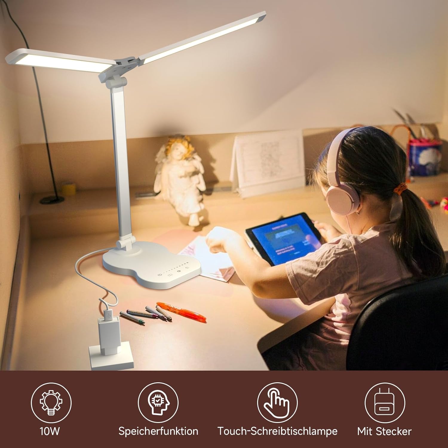 Lampe de bureau LED, lampe de bureau à double bras avec 5 couleurs et 10 niveaux de luminosité, lampe de lecture avec minuterie, lampe de table - 7