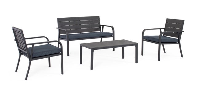 Zestaw wypoczynkowy ze stali, z wyjmowanymi poduszkami, siedziskiem, oparciem i blatem z HDPE w kolorze antracytowym