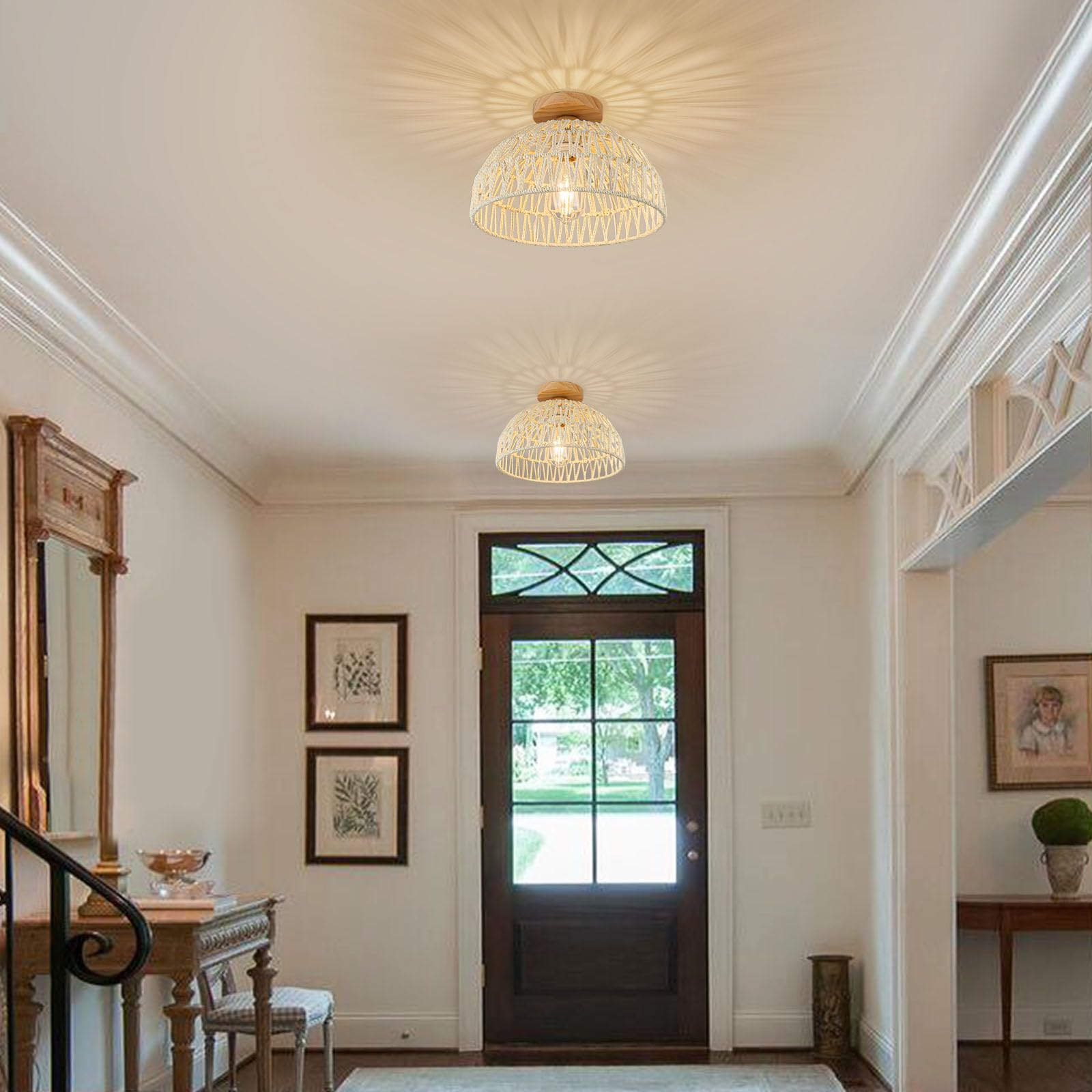 Luminaires Suspendus En Rotin Blanc Bohème Tissé Panier Suspendu, Lampe Suspendue Faite à La Main, Lustre En Rotin îlot De Cuisine, éclairage Suspendu