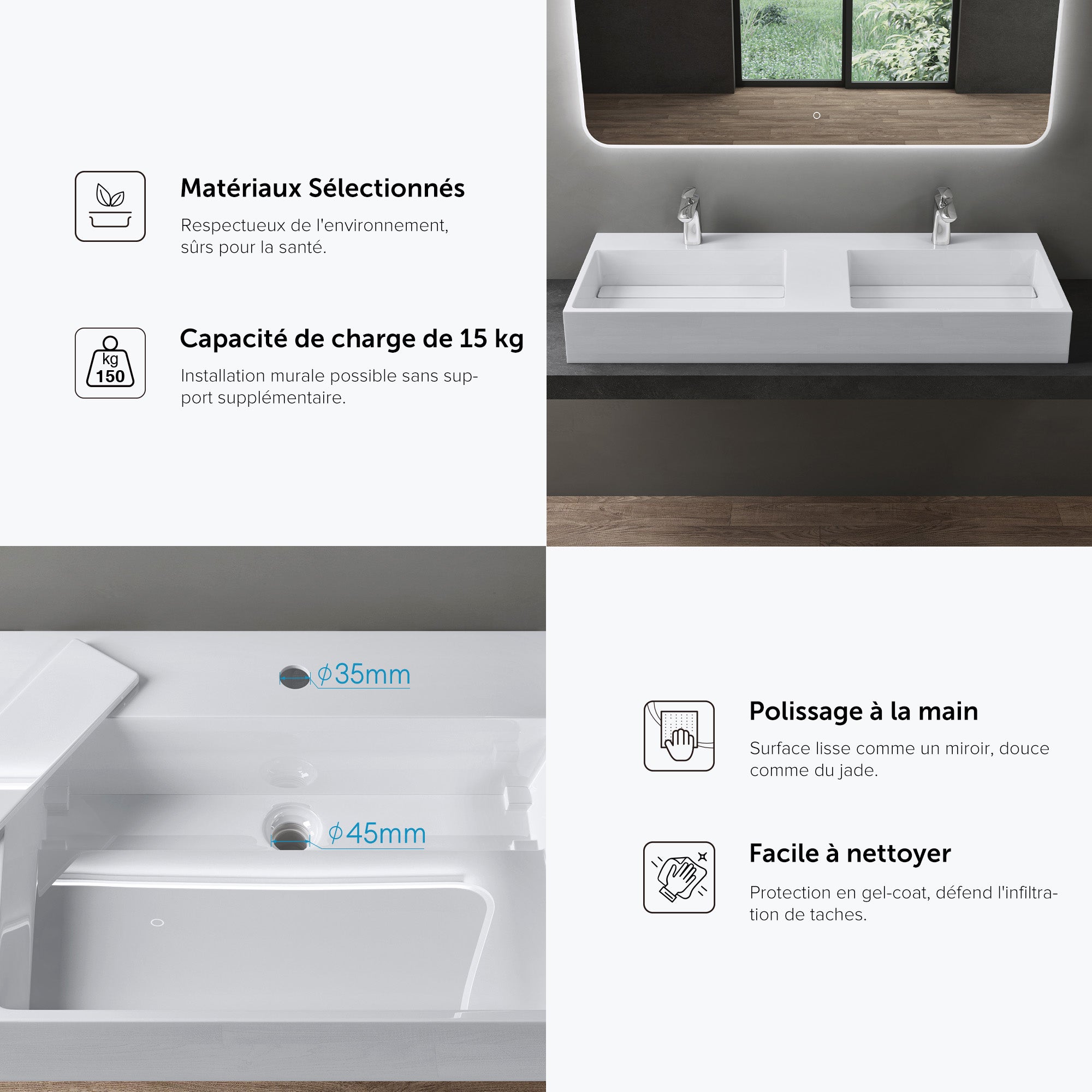 doporro Double Lavabo Suspendu Blanc 120cm Double Vasque à Poser Lave Mains Rectangulaire de Qualité pour Salle de Bain 120x48x13cm Colossum12 - 6