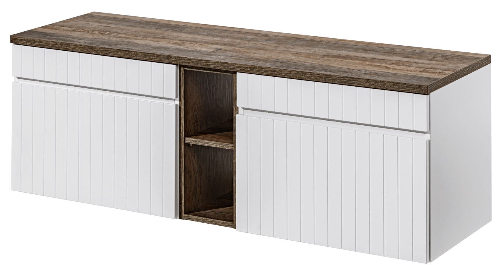 Szafka łazienkowa ICONIC White 140 cm z blatem dąb i regałem wisząca biała ryflowana