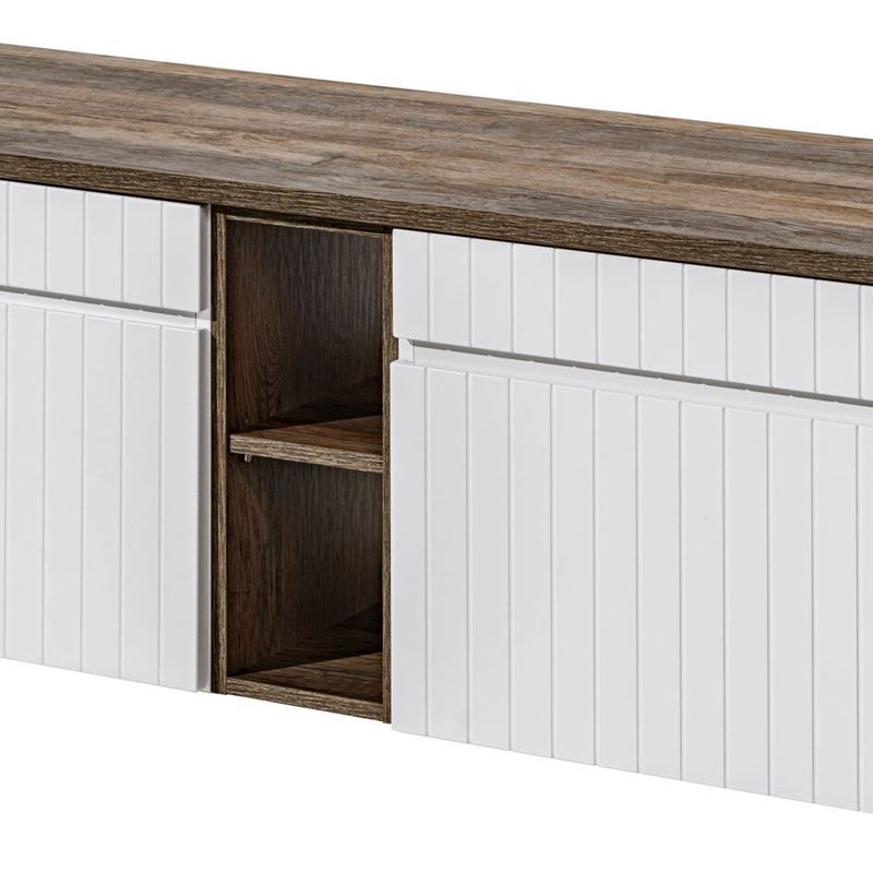 Szafka łazienkowa ICONIC White 140 cm z blatem dąb i regałem wisząca biała ryflowana