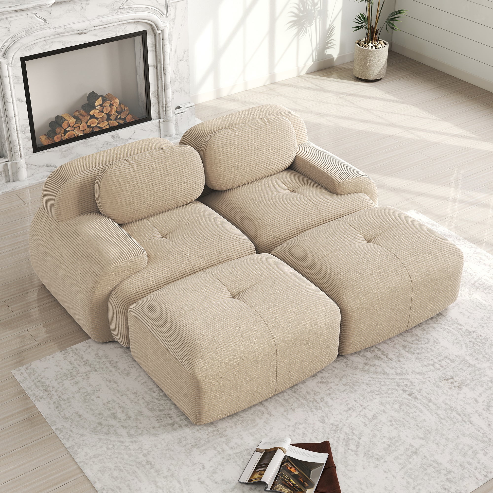 Canape 2 places en velours côtelé Beige, Canapé modulable avec appui et base anti, Petit canapé Rembourrage haute élasticité - 2
