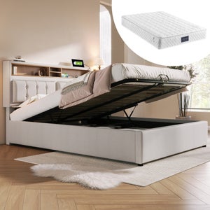 Letto Matrimoniale Imbottito HYUB 140x200cm Con LED E Contenitore - Struttura Con Testiera Morbida E Sollevamento Idraulico, Beige (Senza Materasso) - 2