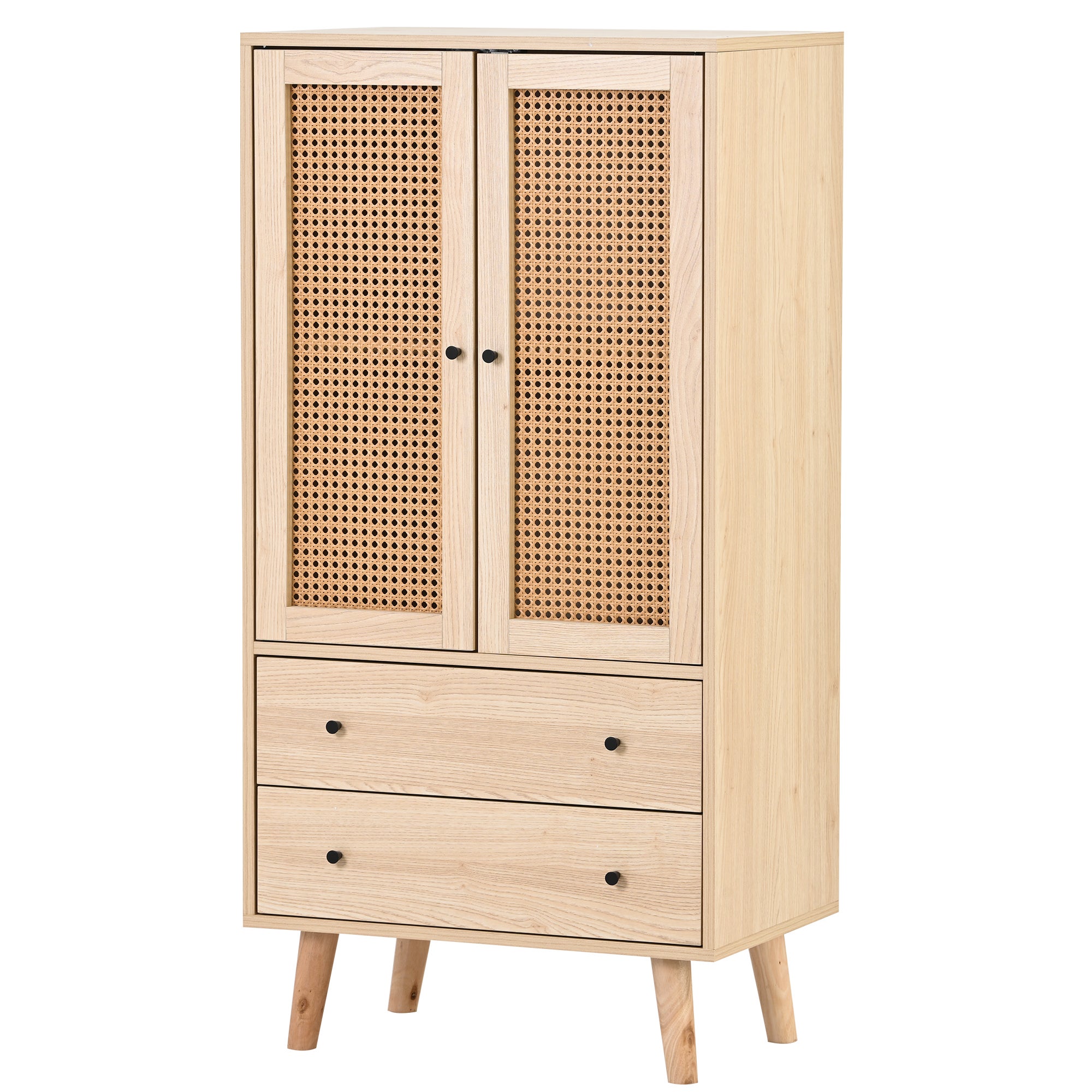 Buffet | Meuble de Rangement 60x40x120 cm - Avec 2 Portes en Rotin, 2 Tiroirs - Couleur Chêne - 6