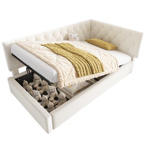 Canapé-lit 90x200cm Avec Rangement Hydraulique | Sommier à Lattes, LED, Velours | Lit Simple Espace Gain De Place