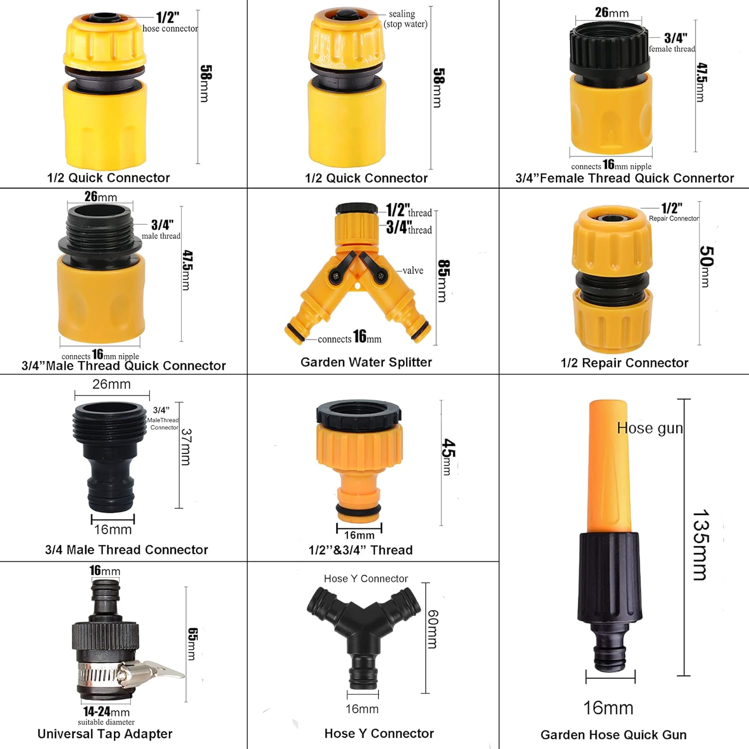 8 Connecteurs Double Tuyau 1/2 Pouce - Raccord Rapide Noir, Pour Arrosage Et Lavage Voiture