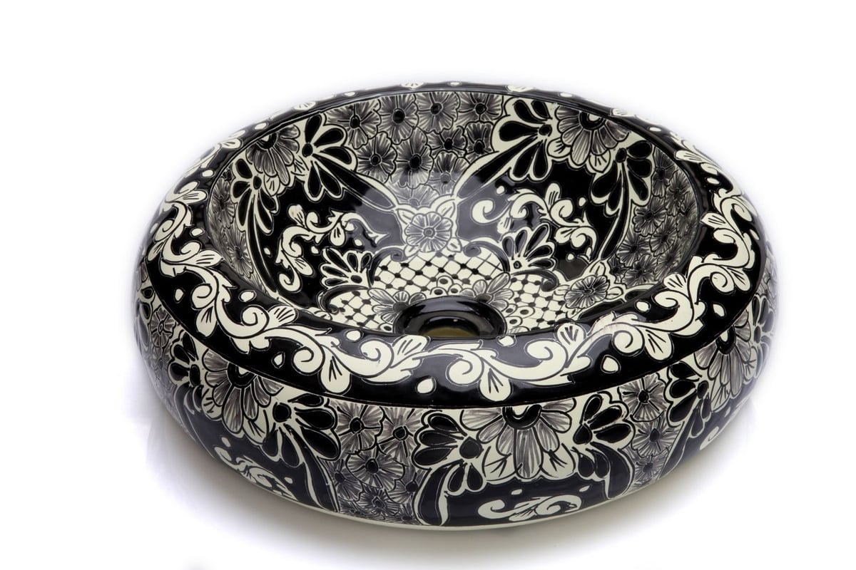 Meksykańska umywalka Serena do montażu na blacie – okrągła umywalka łazienkowa nablatowa 40 x 13,5 cm | Ręcznie wykonana ceramiczna umywalka