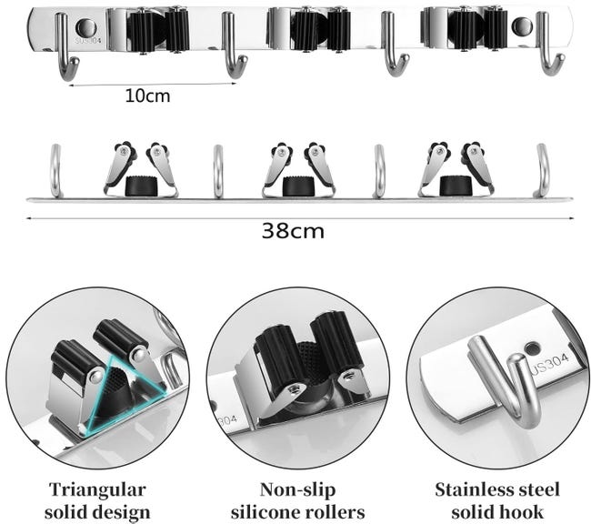 Confezione da 2 supporti per mocio e scopa per riporre facilmente moci, scope, paletta e strumenti, supporto per scopa a parete, perfetto da usare su armadi, bagno, capannoni e garage Confezione da 2 supporti per mocio e scopa per riporre facilmente moci, scope, paletta e strumenti, supporto per scopa a parete, perfetto da usare su armadi, bagno, capannoni e garage