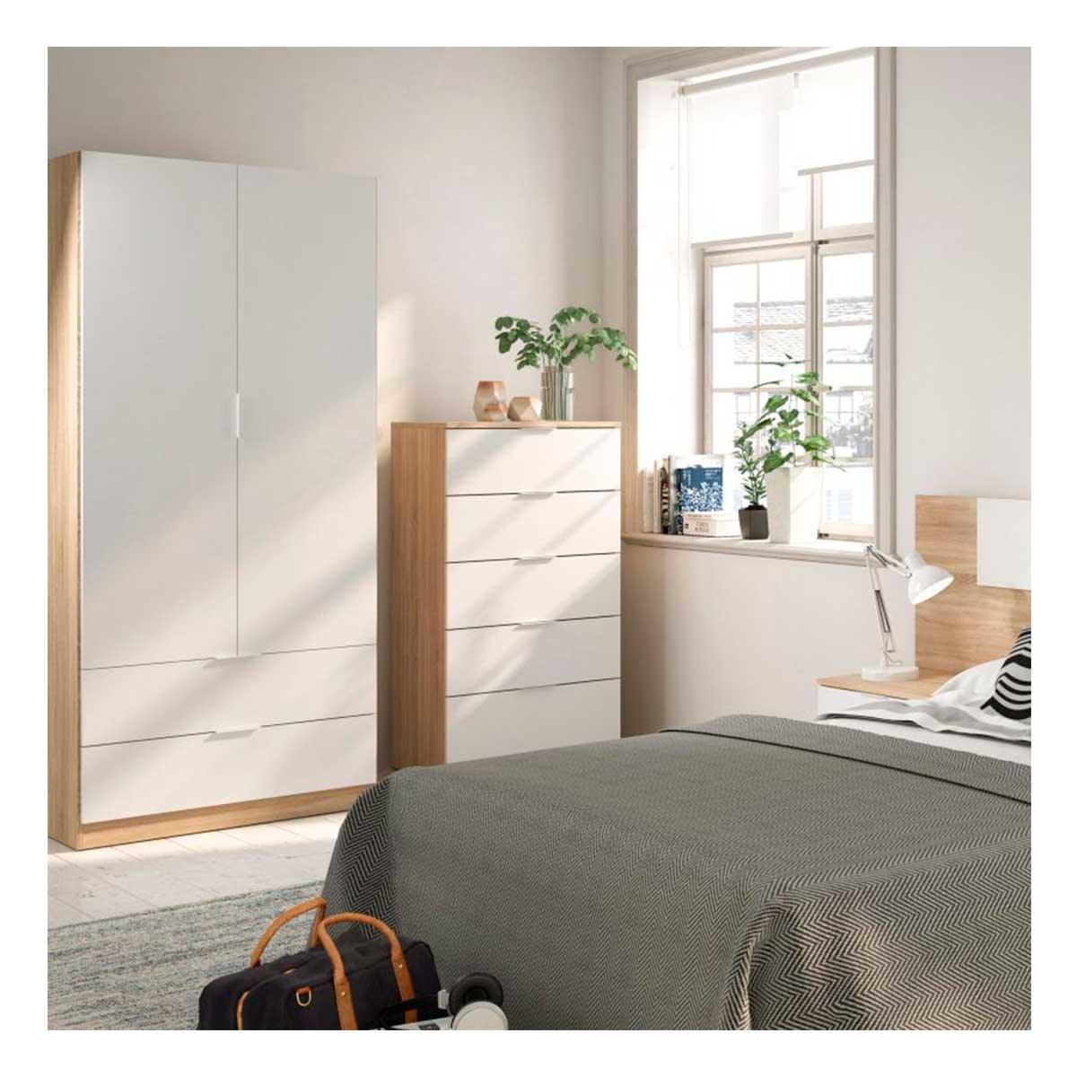 Roupeiro Low Cost 2 portas 2 gavetas Blanco Artik (Blanco Mate) - Roble Canadian 81,5(armario)/75(cajón) x 180(armario)/13(cajón) x 52(armario)/45(caj - 6