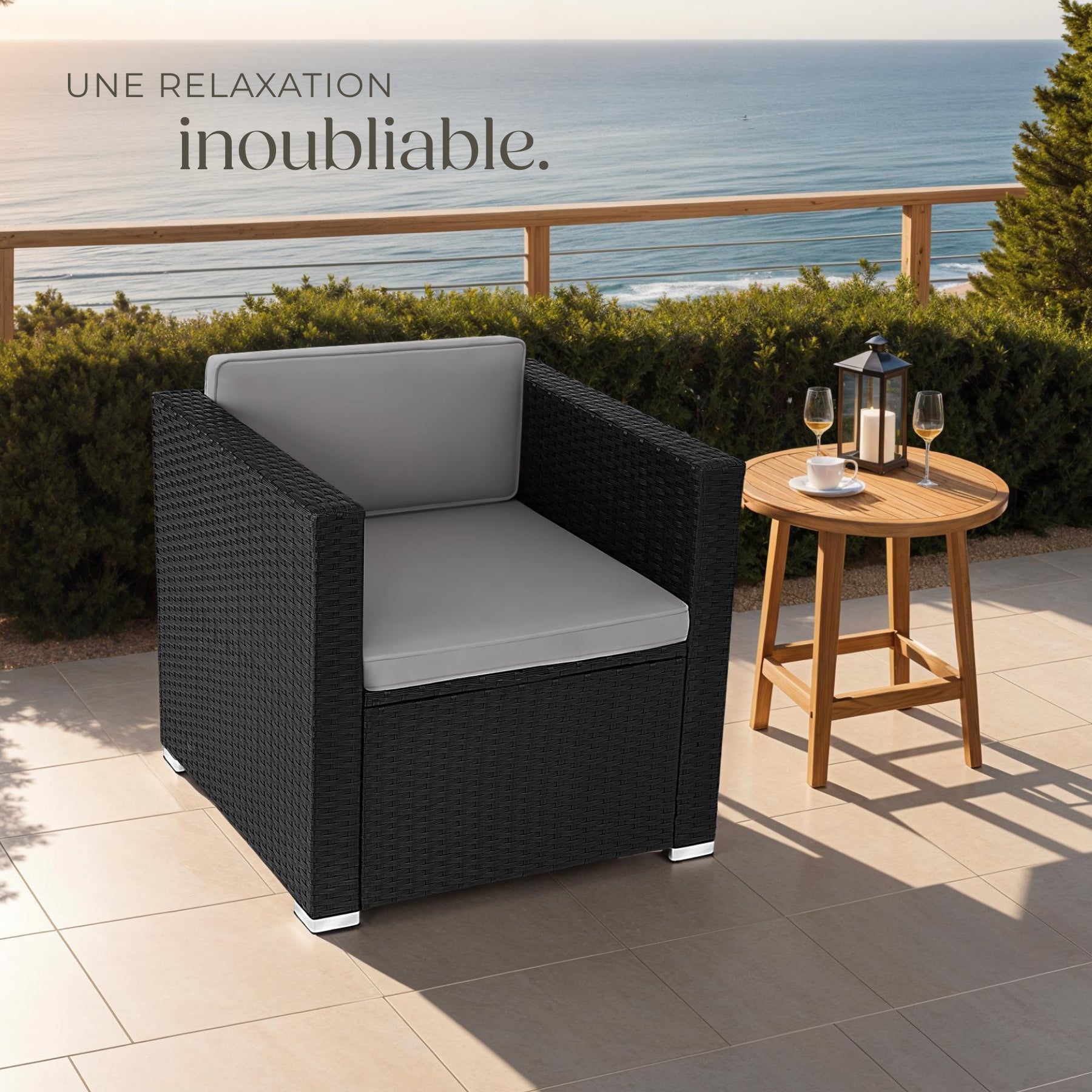 Fauteuil rotin en polyéthylène et acier résistant aux UVs avec coussins d'assise et dossier 70 x 69 x 65 cm TECTAKE - 7