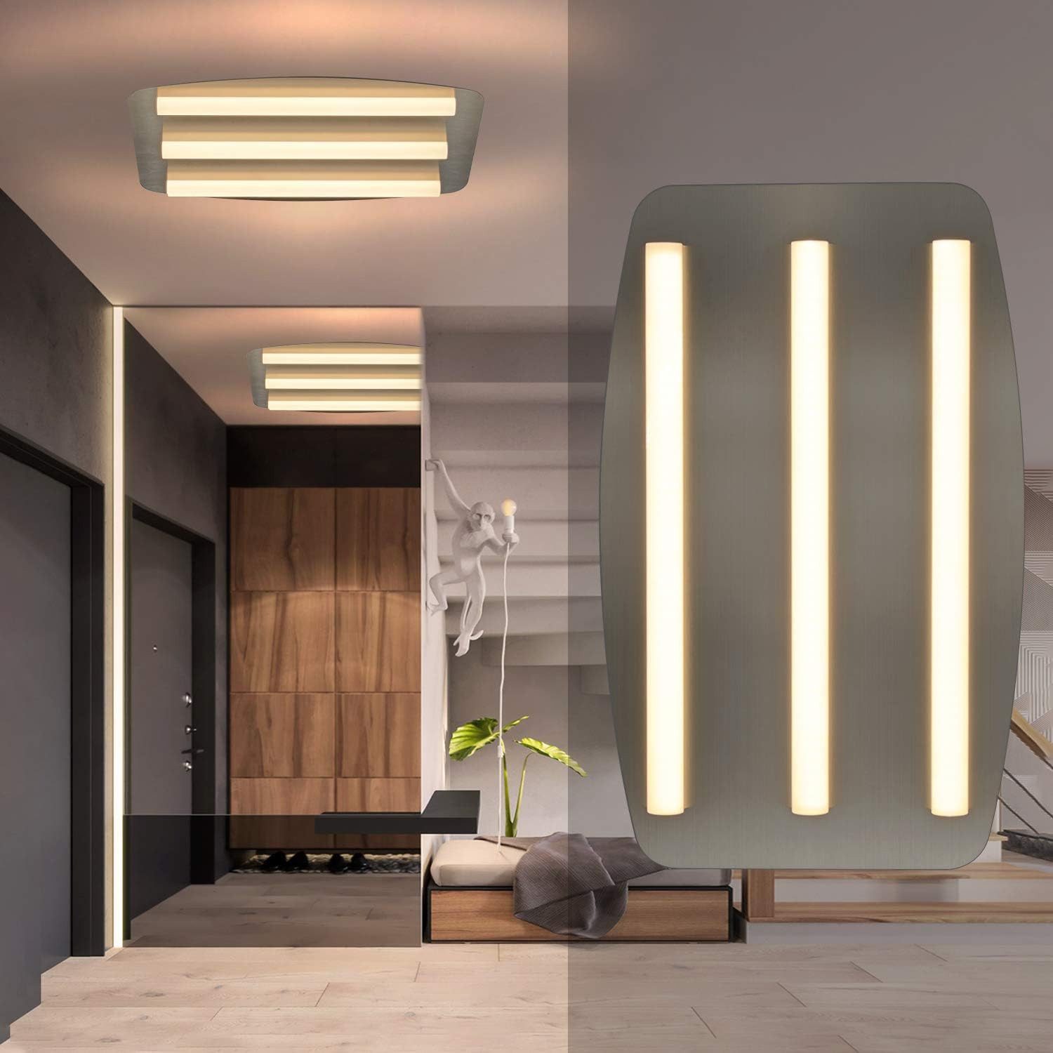 NETTLIFE Lampa sufitowa LED Ciepła biel 3000K Sypialnia 48 x 30 cm Stal nierdzewna i akryl 17W Kwadratowa lampa do salonu Warsztat
