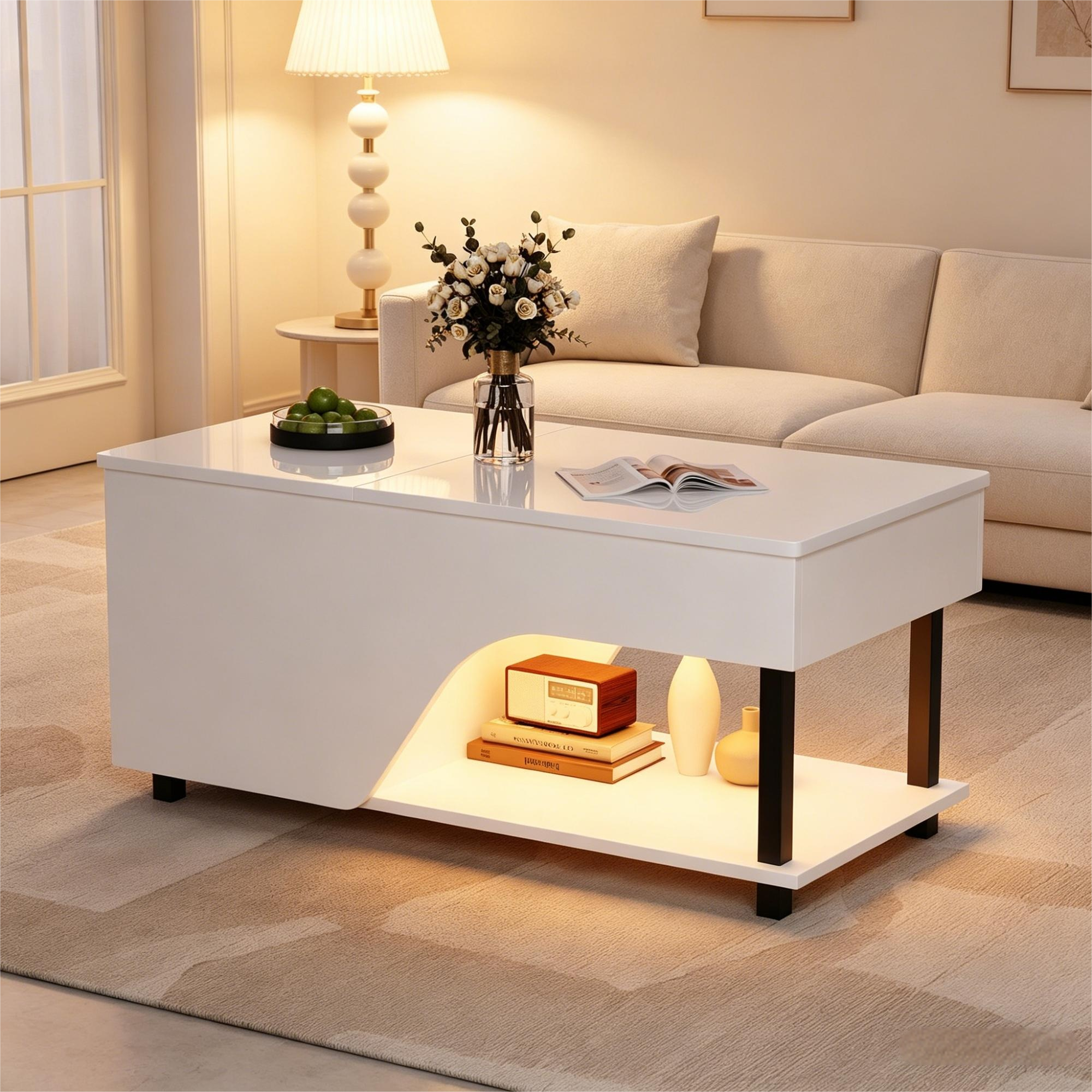 Table Basse Relevable Blanche avec Rangement Caché, LED USB et Plateau ...
