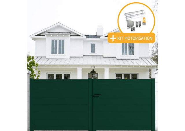 Portail aluminium battant plein en kit + Motorisation dimensions L.3500 (entre piliers) X H.1500 mm SGS Essential (vérins) Couleurs Vert (RAL 6005)