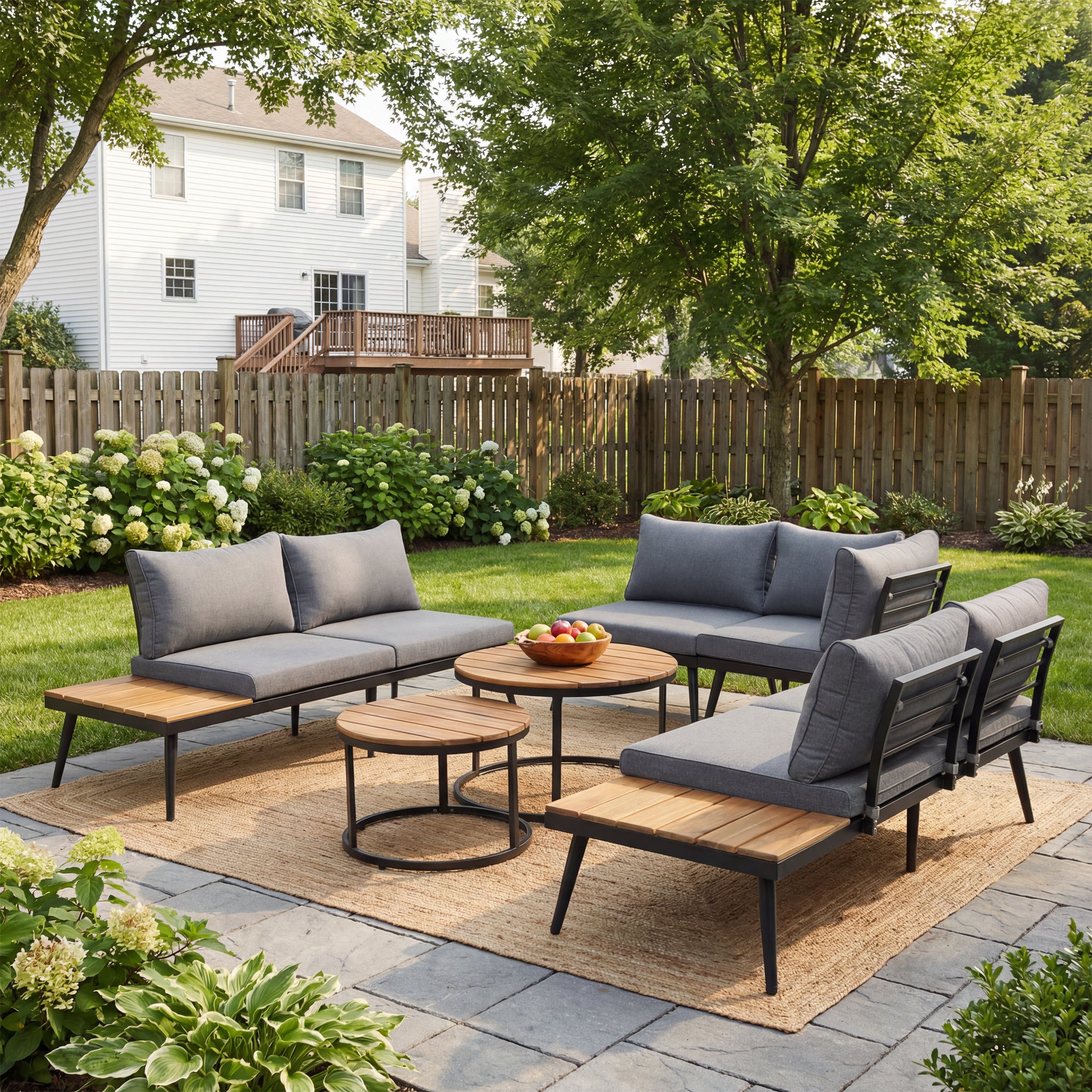 Conjunto de muebles de jardín modulares de 6 plazas - 2 sofás + 2 sillas + mesas de centro nido - gris antiguo + marrón - 4