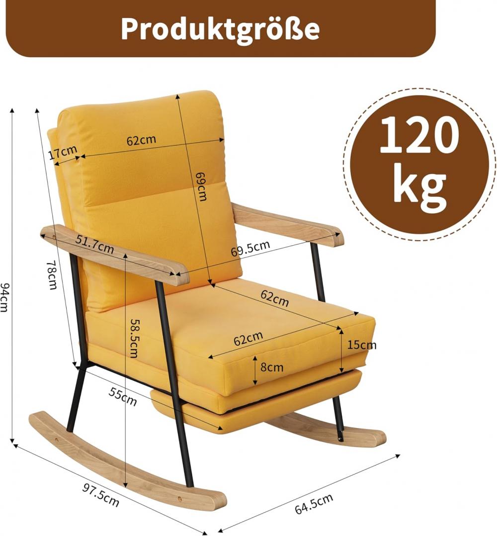 Fauteuil à bascule avec repose-pieds extensible, inclinable, dossier réglable, salon/chambre, marron/jaune - 3