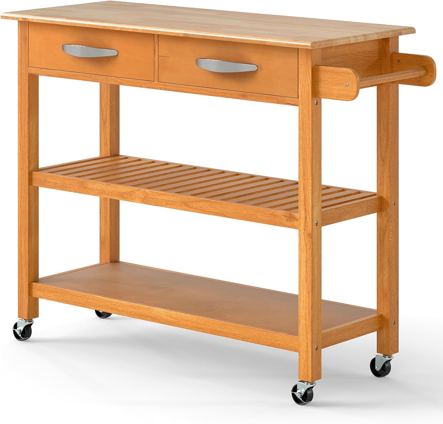 Wózek Kuchenny na Kółkach, Wózek Serwisowy, Blat Roboczy z Drewna Kauczukowego, 2 Szuflady, 2 Półki, Wyspa Kuchenna (Naturalny)