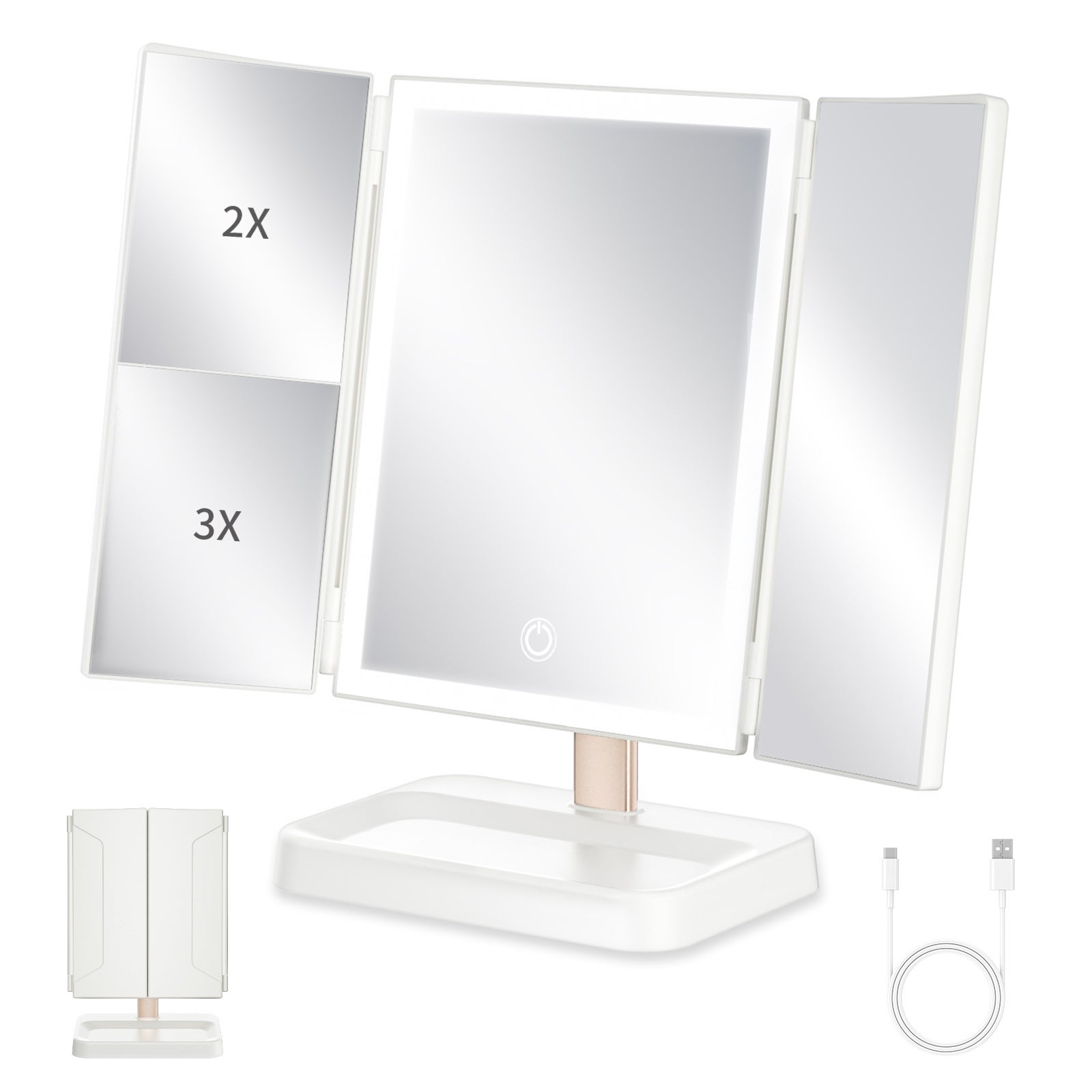 Specchio Trucco Con Luci LED E Ingrandimenti 1X/2X/3X/10X | Luminosità Regolabile, Touch Screen, Doppia Alimentazione (USB/Batterie)