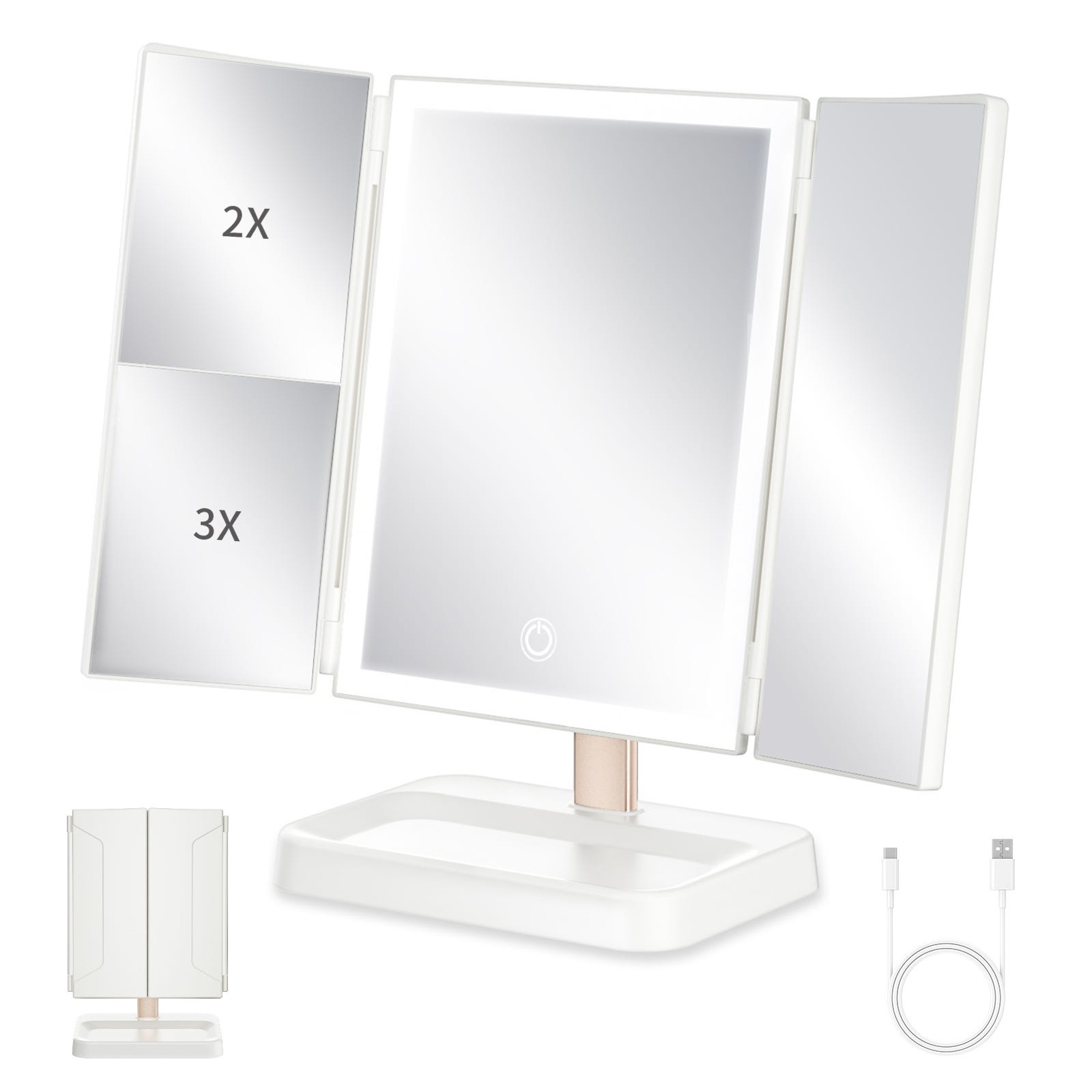 Specchio Trucco Con Luci LED E Ingrandimenti 1X/2X/3X/10X | Luminosità Regolabile, Touch Screen, Doppia Alimentazione (USB/Batterie)