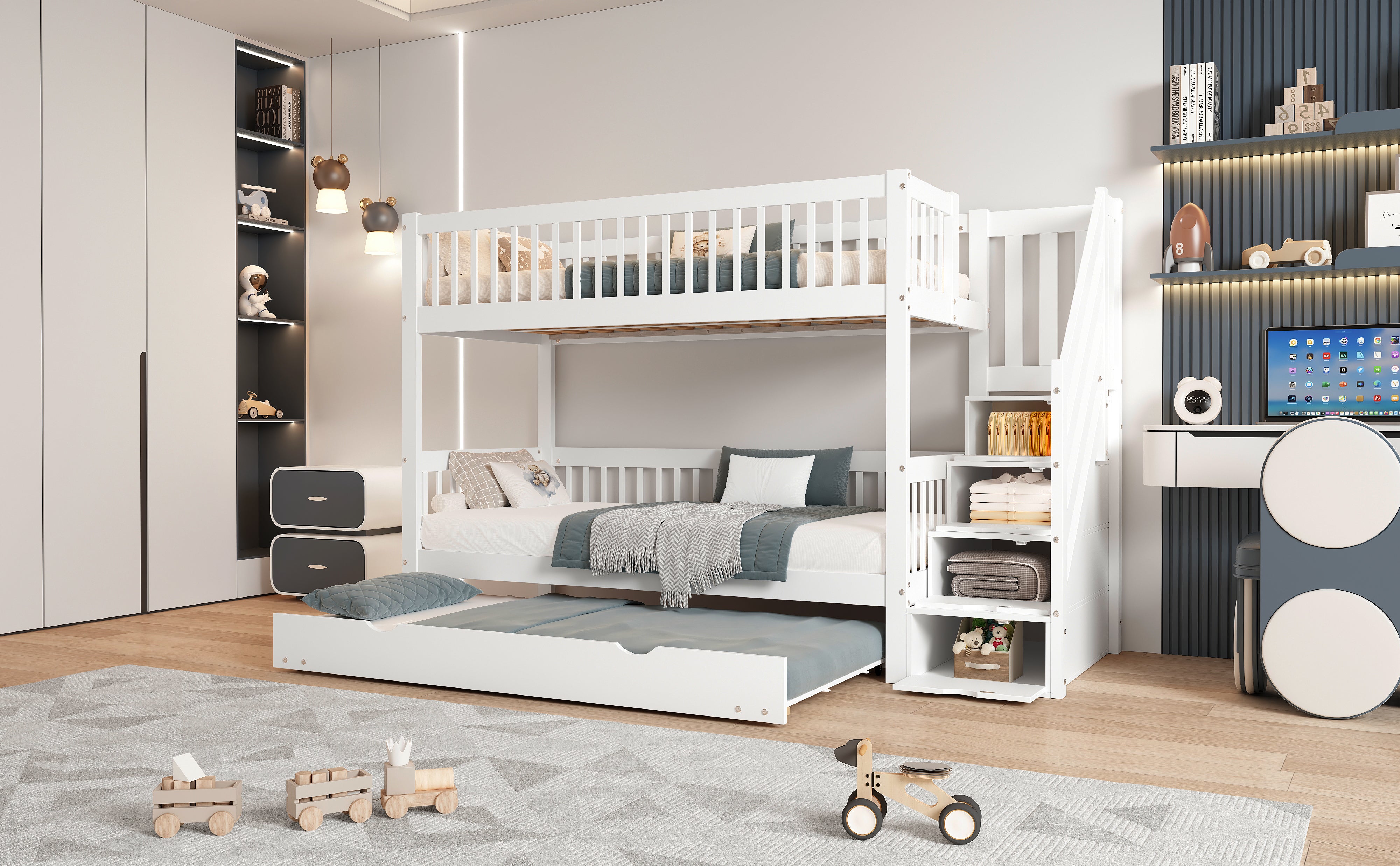 Łóżka piętrowe 2 x 90 x 200 cm + łóżko wysuwane 90 x 190 cm - 3 szuflady i schodki - sosna + płyta MDF - kolor biały (Materace nie są wliczone w cenę) - 9
