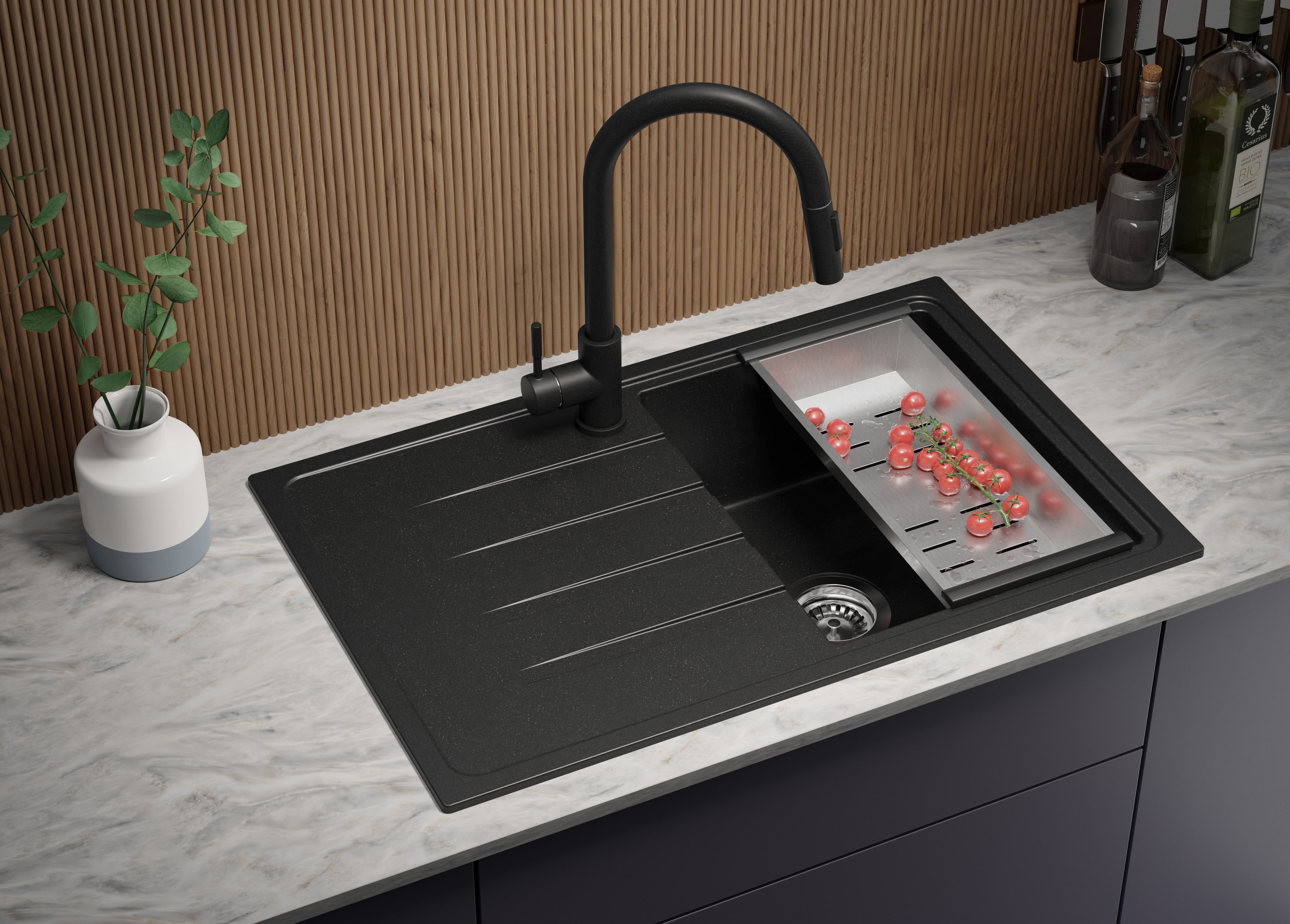 Evier Cuisine en Granit Tout Noir 78x50cm, Lavabo 1 bac + Robinet 32x20cm + Kit de Vidage, Évier à Encastrer au meuble 45cm - Milan PRIMAGRAN - 3