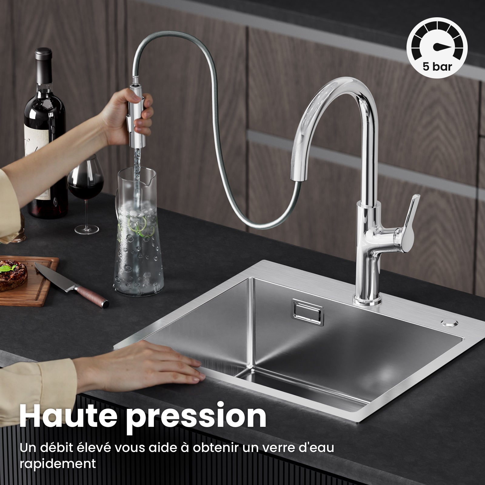 Cecipa max Robinet de Cuisine avec Douchette Extractible, Mitigeur de Cuisine en Inox, Robinet de Cuisine Rotation à 360° - 4