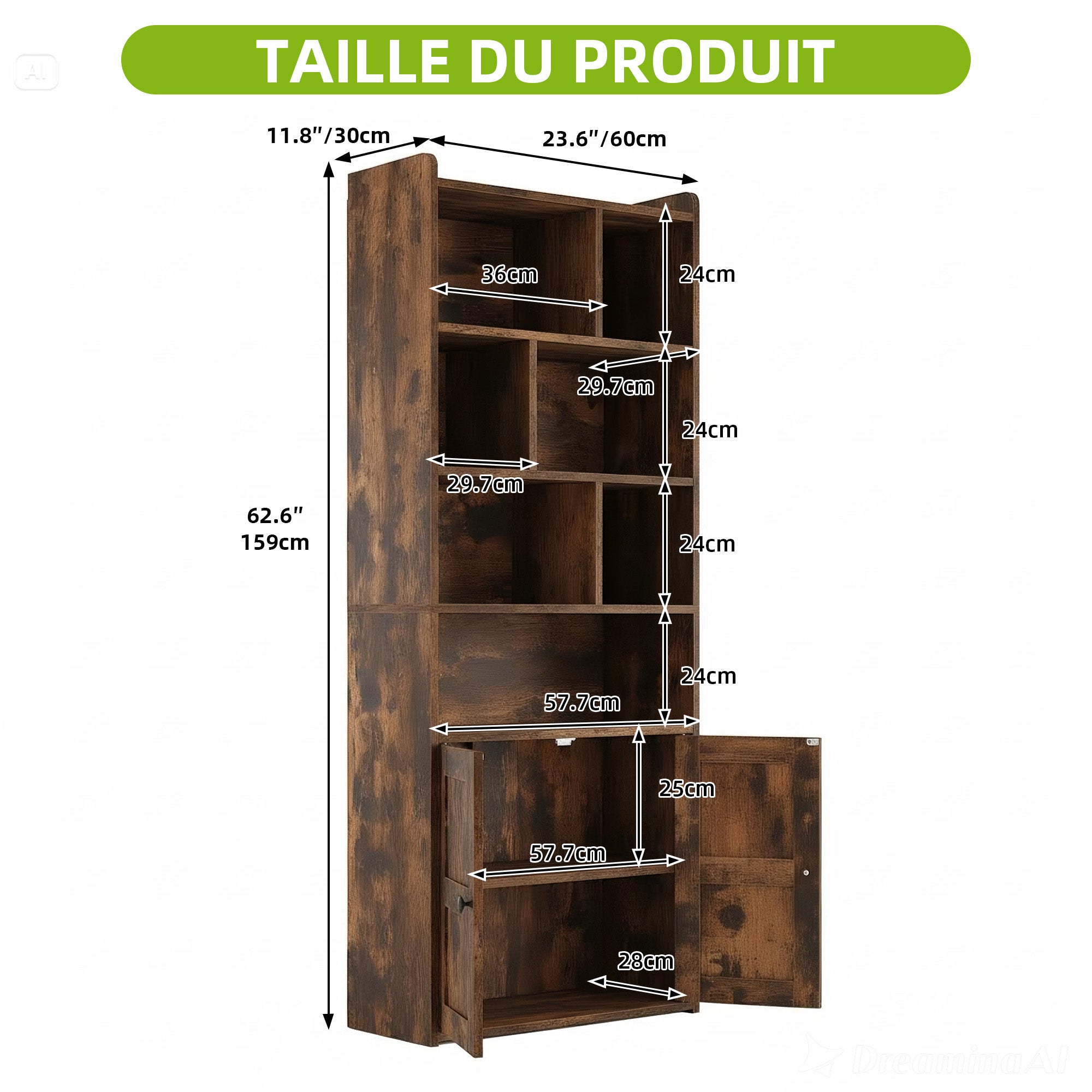 YITAHOME Bibliothèque 4 Étagères, Portes et Compartiments, Marron 60x30x159cm - 4