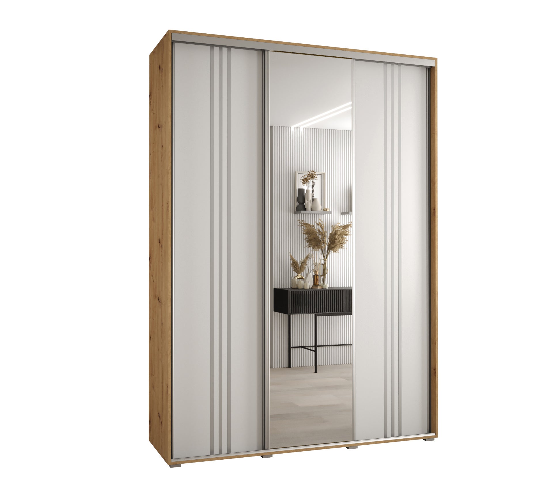 Szafa przesuwna z lustrem wysoka Davos 7 170 x 60 x 235,2 cm artisan + biały + u. srebrny - Abiks Meble