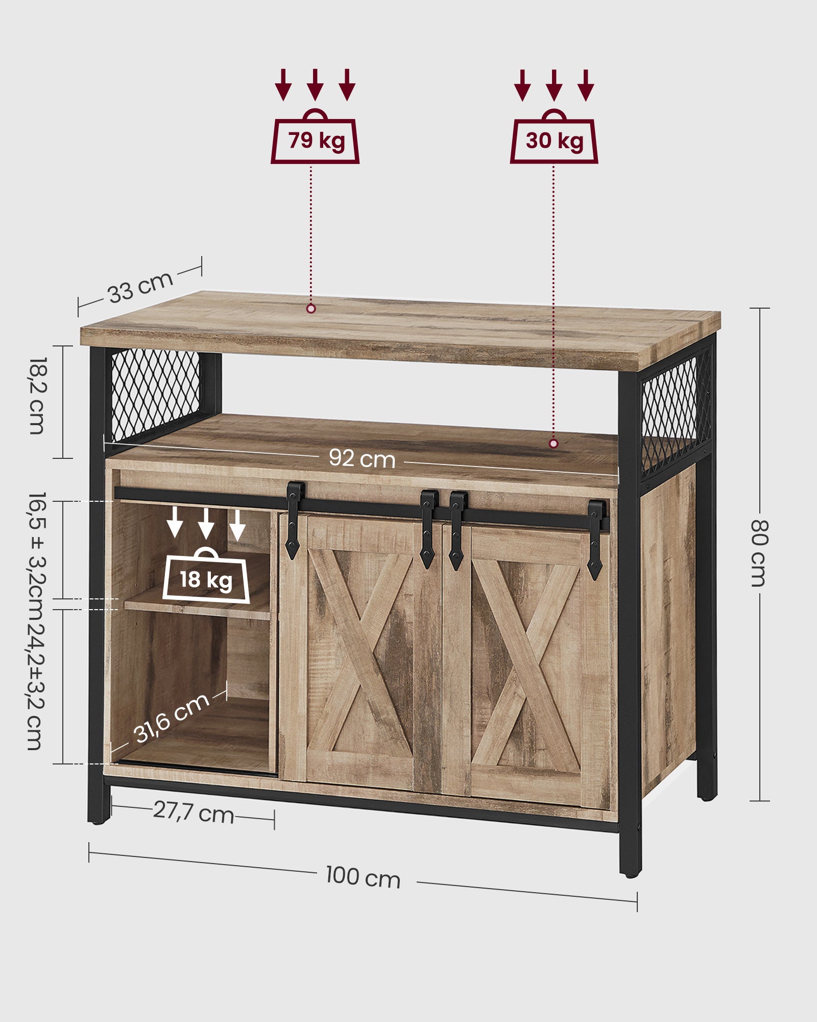 Buffet De Cuisine, Avec 2 Portes Coulissantes, 100 x 33 x 80 cm, Style Industriel, Couleur Boisée - 5