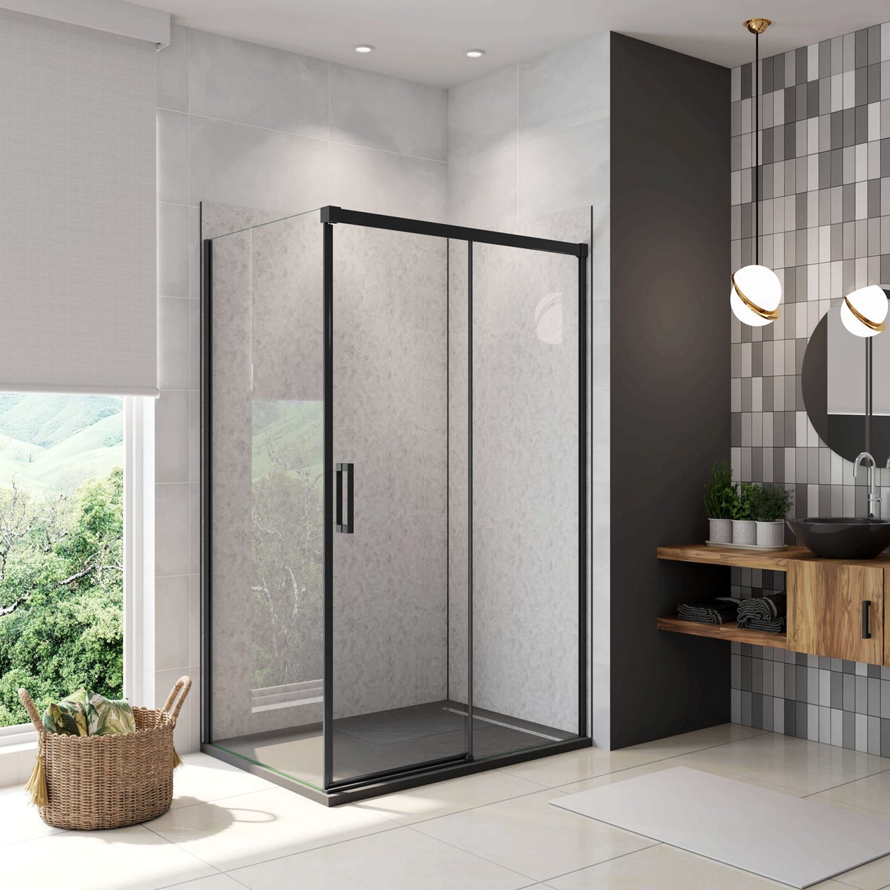 195 cm Box Doccia Angolare 140X70 cm Porta Scorrevole con Parete Fissa Vetro 8 mm Temperato Anticalcare Trasparente Profilo Nero Opaco Softclose | Leroy Merlin 195 cm Box Doccia Angolare 140X70 cm Porta Scorrevole con Parete Fissa Vetro 8 mm Temperato Anticalcare Trasparente Profilo Nero Opaco Softclose | Leroy Merlin