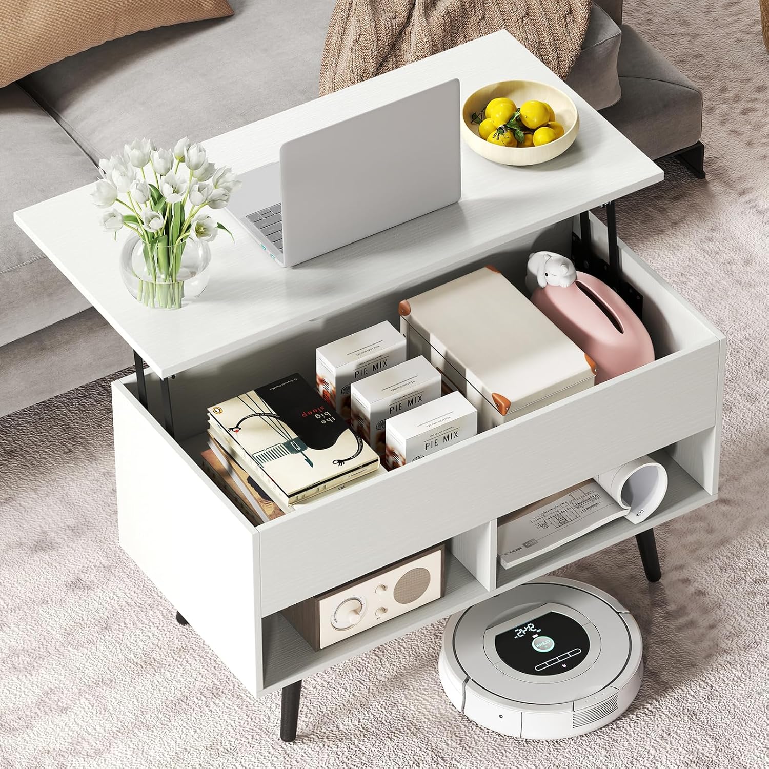 Tavolino Salotto Sollevabile in Legno, Tavolino da Caffè con Scomparto Nascosto e 2 Scaffali Aperti, Tavolino Basso e Modern per Soggiorno, Sa - 9