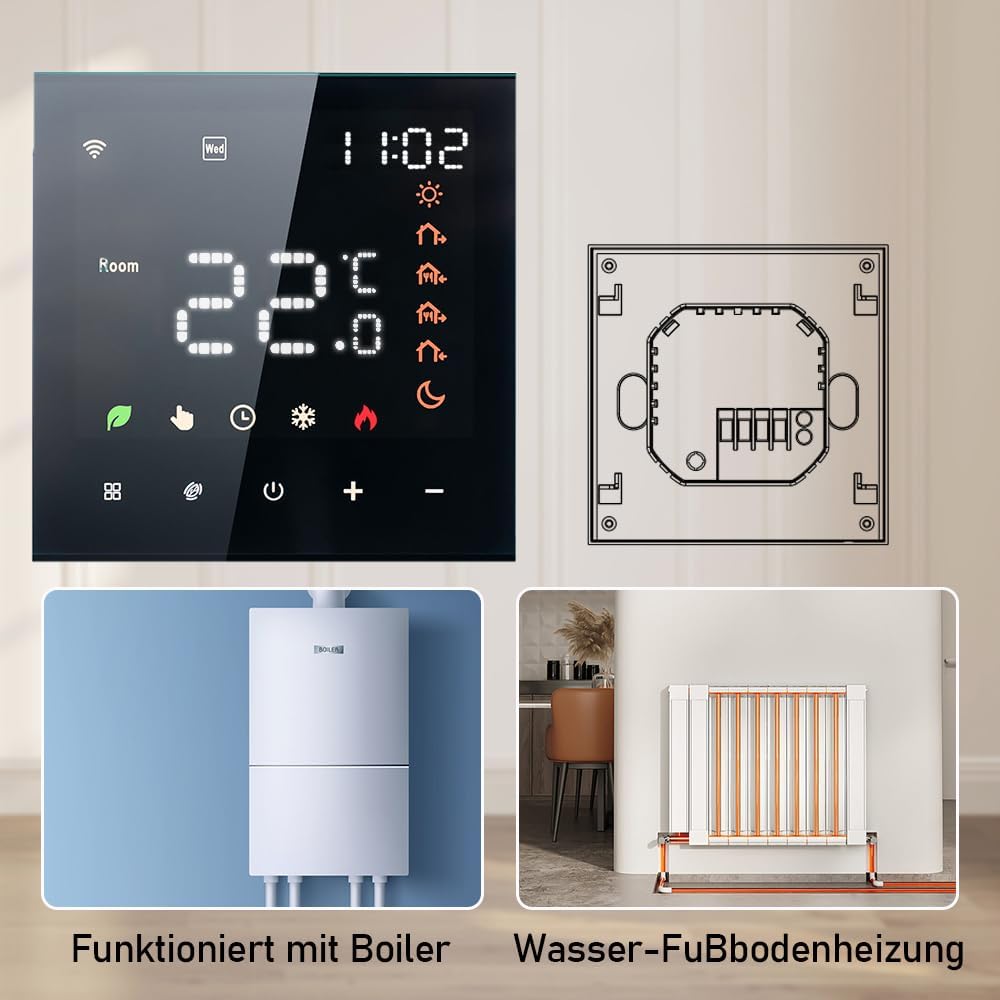 Thermostat de radiateur électrique intelligent noir, thermostat programmable Wi-Fi, montage mural, 16 A, télécommande Tuya - 5